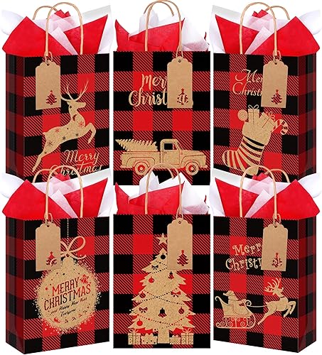 Aneco 24 bolsas de regalo de Navidad, bolsas de regalo de búfalo rojo y negro, bolsa pequeña de papel kraft de Navidad con etiqueta de seda, bolsas