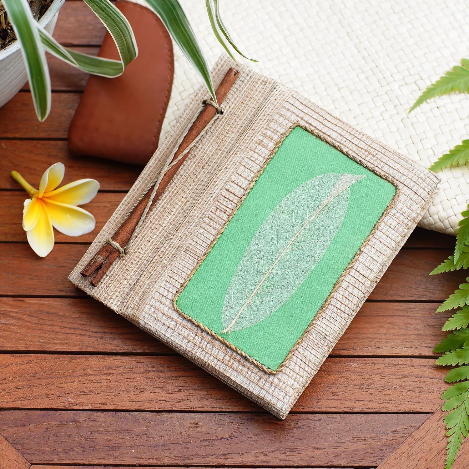 NOVICA Green Multicolor Natural Fiber Paper Eco-Friendly Journals from Indonesia 'Green Leaf'
