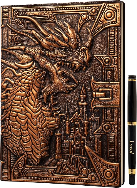 DND Notebook / Journal, Unique 200 Page Book with 3D Bronze Dragon Embossed Faux Leather Cover with Pen- Ideal for Dungeons & Dragons / D&D. Great RPG Accessories Gift for DM's & Players, Men or Women