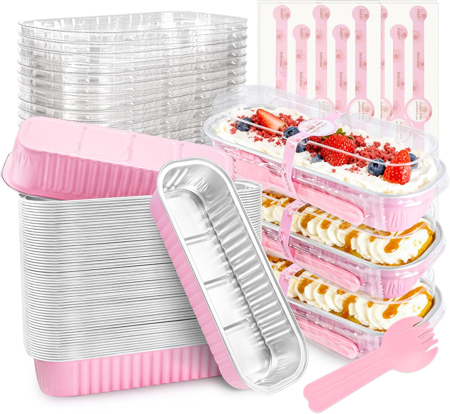 50 PACK Mini Cake Pans with Lids and Spoons,Rectangular Aluminum Foil Bread Pan,Mini Loaf Pans and Food Containers with Lids(Pink,6.8oz)