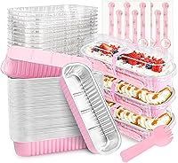 NPLUX 50 Pack Pink Mini Cake Pans with Lids & Spoons - 6.8oz Rectangular Aluminum Foil Loaf Pans for Baking Parties