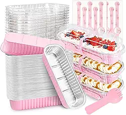 Pacote com 50 mini formas de bolo com tampas e colheres retangulares de alumínio para assar, recipientes para cheesecake (200 ml)