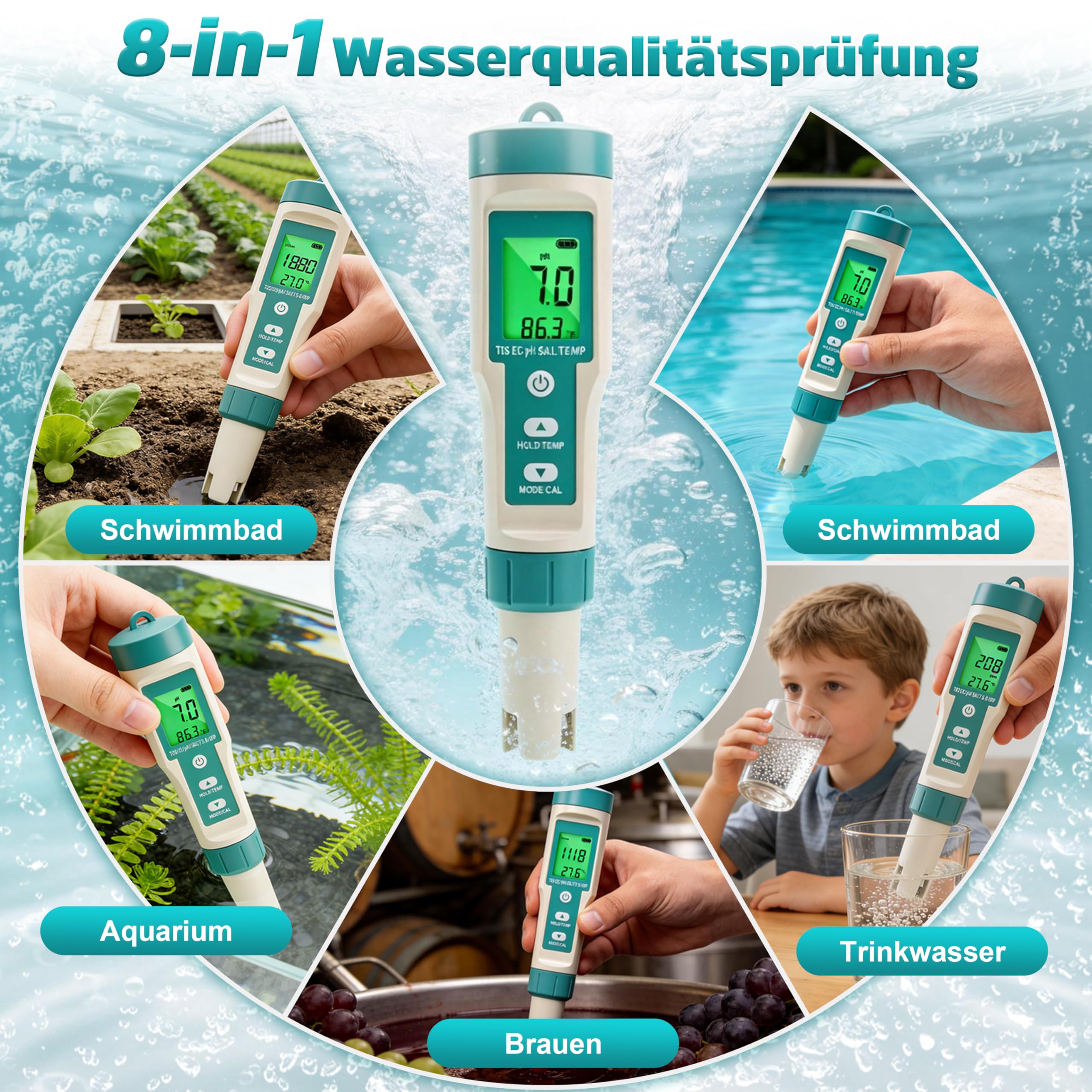Digitaler Wasserqualität Tester, 8 in 1 PH Messgerät, misst pH ORP Salzgehalt TDS EC Temperatur für Pool Aquarium Hydroponik