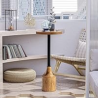 Vista 7 de COZAYH Mesa auxiliar de pedestal de granja, mesa de bebida de madera rústica con base, mesa redonda de Martini para espacio pequeño, sala de estar