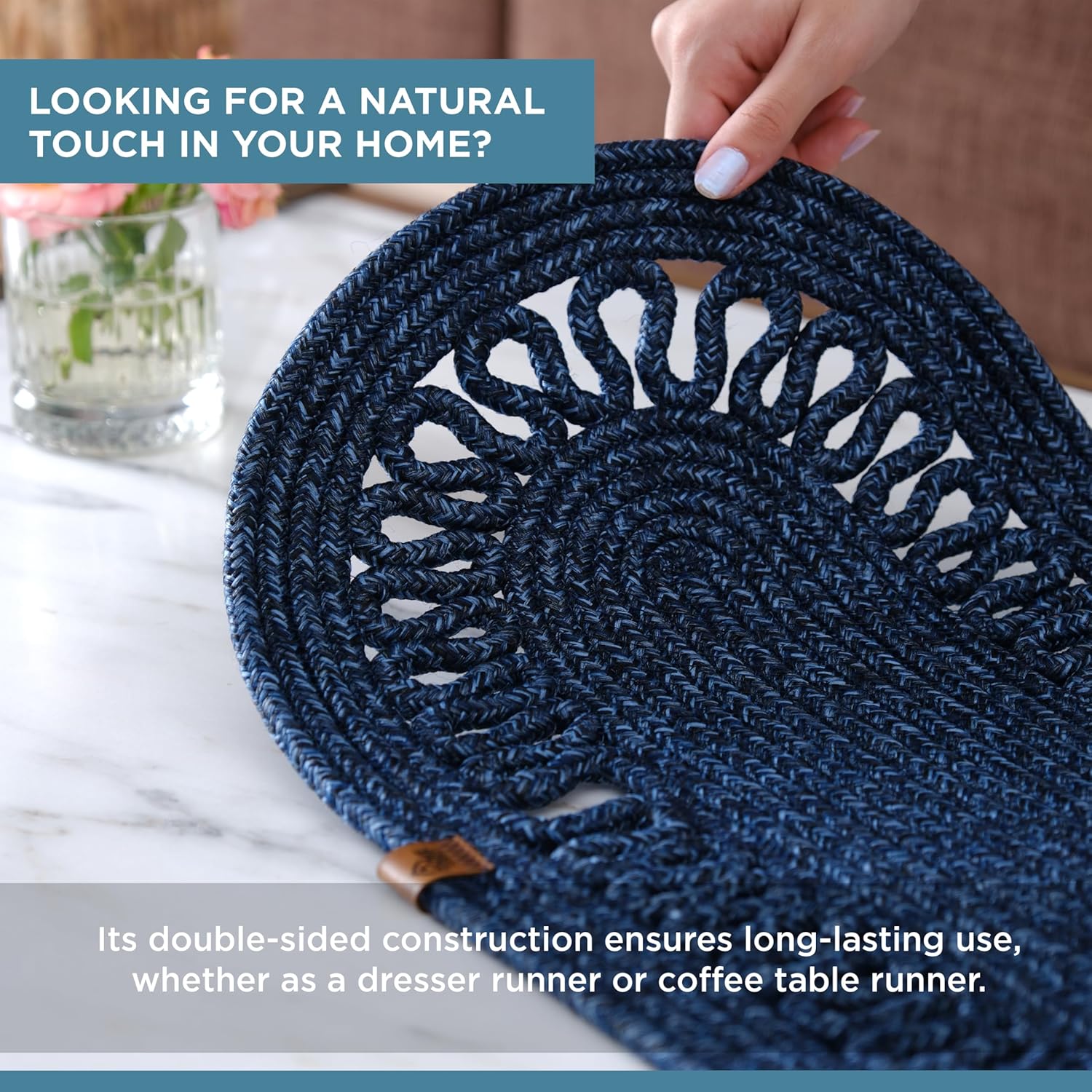 Oval Jute Table Runner | Woven Braided Dining Runner | Natural Textured Rattan Table Runner for Dining Table Coffee Table or Patio 11.8 x 27.5 (Blue)