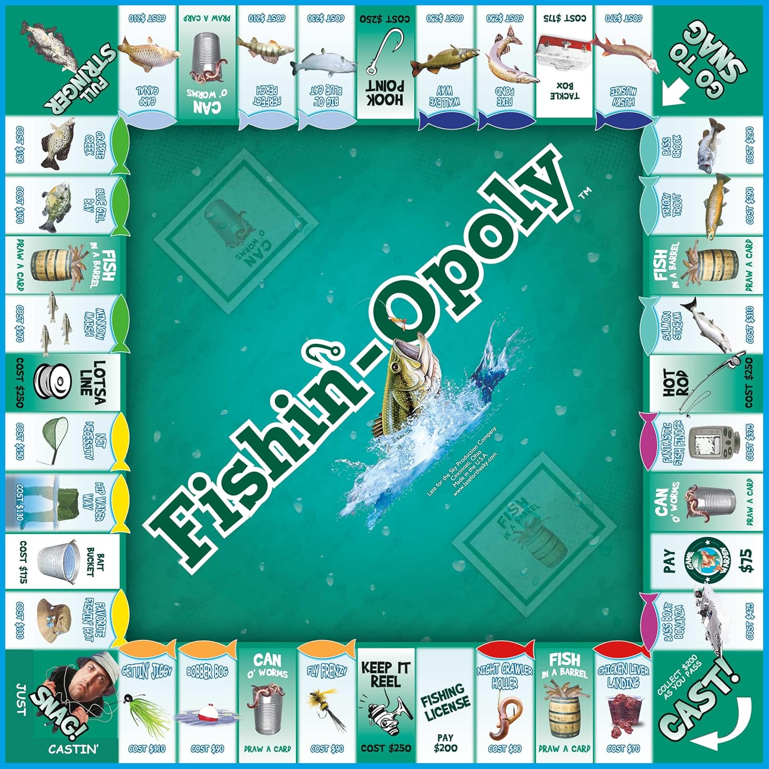 Late for the Sky Fishin'-Opoly Fishing Board Game for Families, 2–6 Players, Ages 8+, Funny Property Trading Strategy Game, Great Gift for Anglers