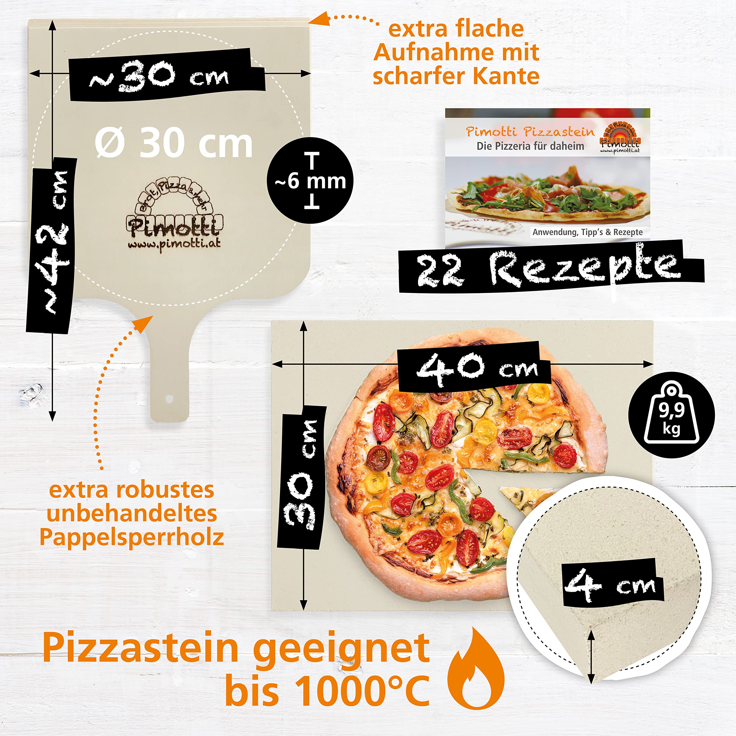 PIMOTTI Pizzastein 4cm Pizza-Stein für Backofen Brotbackstein aus echtem Schamott Pizzastein eckig Backstein Pizza Steinplatte für Backöfen Stein Grill Gasgrill Pizza-Stone