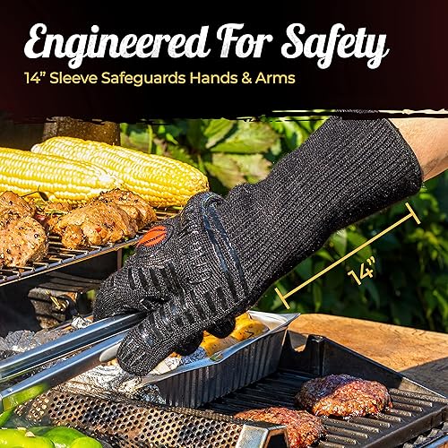 Miniatura 7 de Guantes de barbacoa de puño más largo  1472F guantes resistentes al calor extremo para parrilla, guantes de parrilla a prueba de calor para hombres,