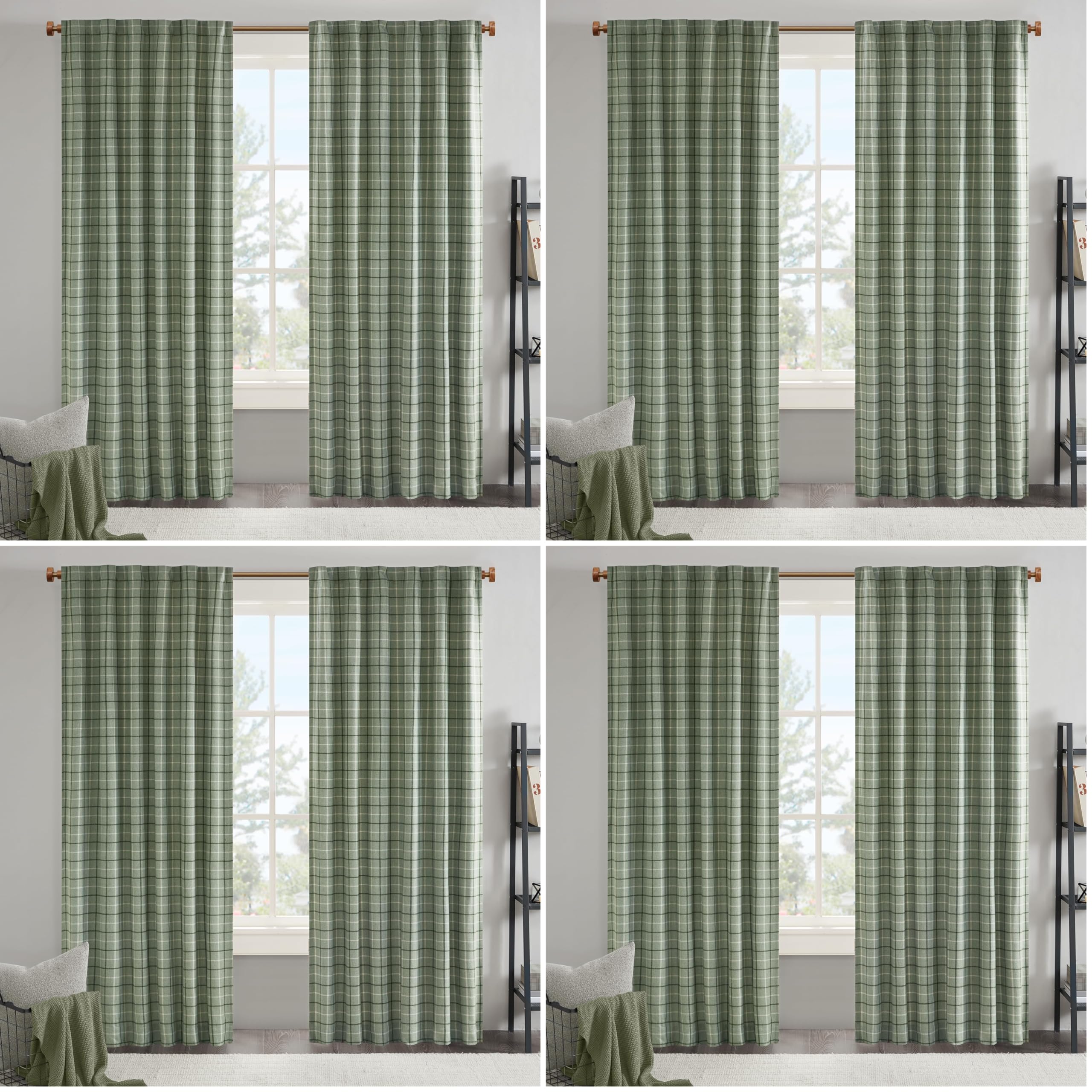 Madison Park Anaheim Cabin Plaid Curtain Window, Thermal Insulated Fleece Lining, Living Room Decor Room Darkening Drape for Bedroom, 1-Panel Pack, Rod Pocket &amp; Back Tab, Green 50"W x 84"L (Pack of 4)