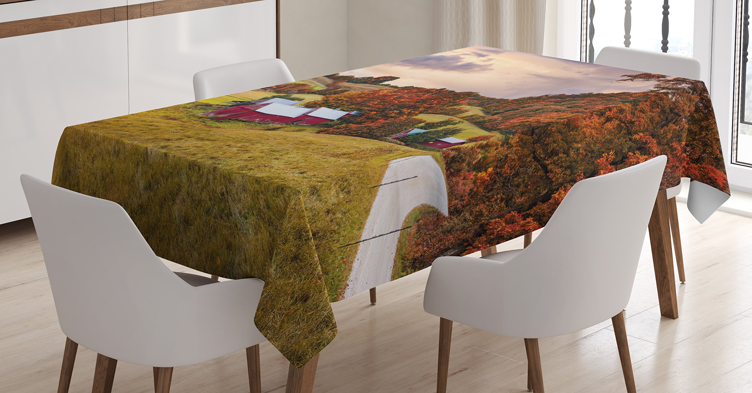 LunarableLandscape Tablecloth, Autumn Scene Jenne Farm in Vermont United States Barn Fall Season Historic Places, Dining Room Kitchen Rectangular Table Cover, 60" X 84", Multicolor
