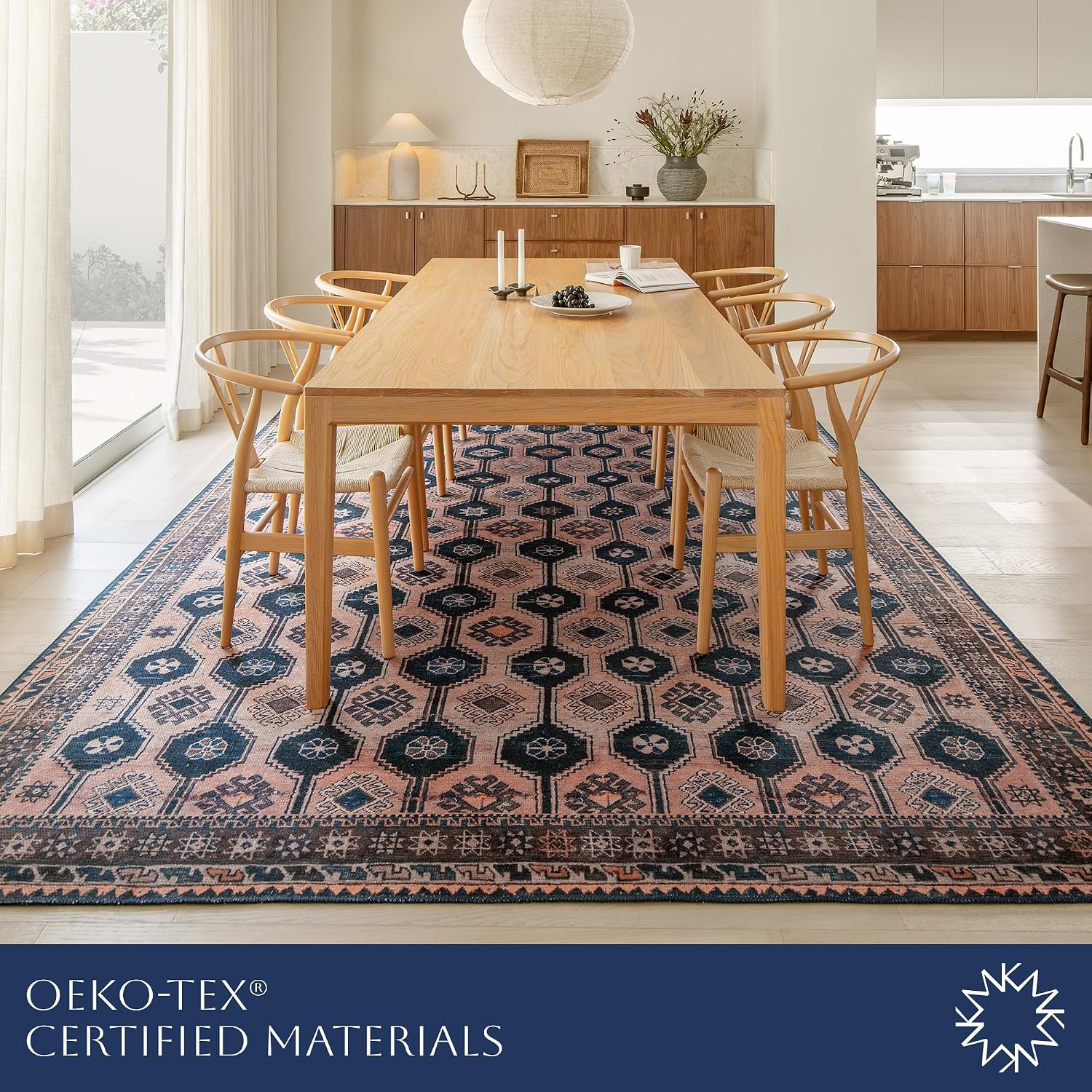 Indiclay 10’ x 14’ Area Rug – Blush Pink & Deep Navy Heritage Flatweave, Low-Pile – Easy Clean Area Rug – Perfect for Living Room, Dining Room, Bedroom – Pet & Kid Friendly