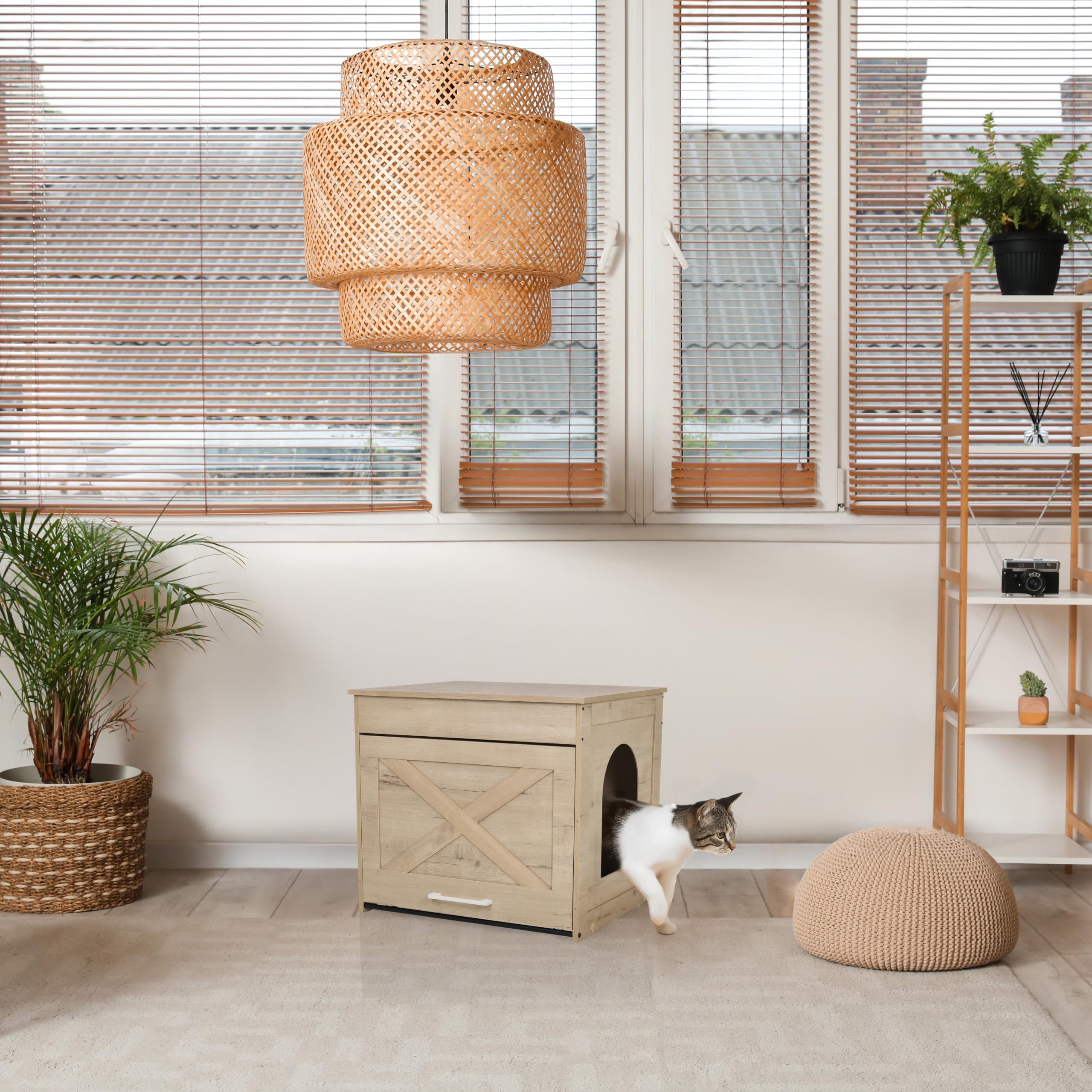 hjh LVING Domek dla kota do domu, 60 x 50 x 53,2 cm, Kitty Pawbox, 1 szafka na kuwetę dla kotów, legowisko dla kota o obciążeniu do 30 kg, dąb