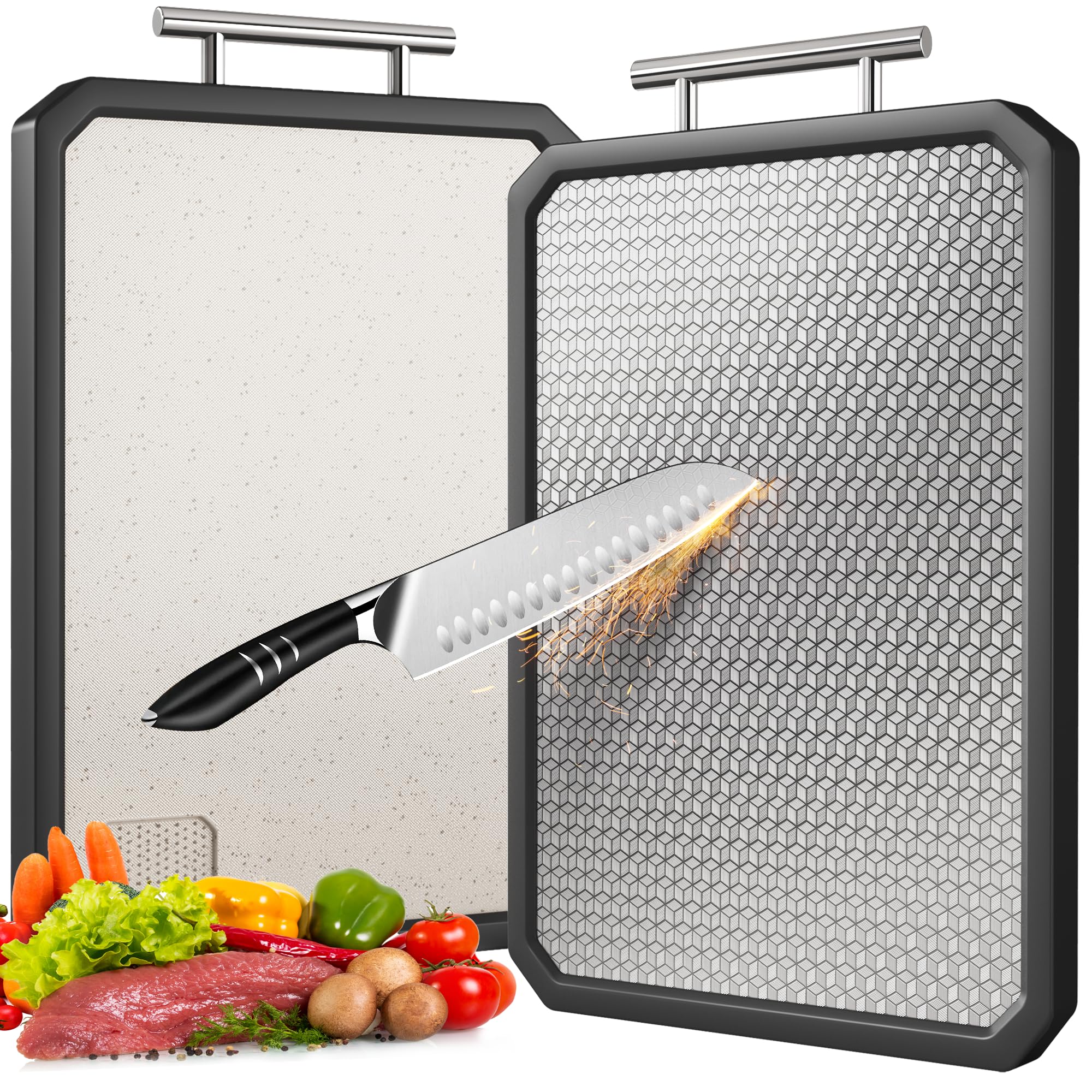 Double Sided 304 Stainless Steel & Wheat Straw Cutting Board, Large 16”×12” Non Toxic Chopping Board for Kitchen, Separately Handle Meat and Vegetables, Dishwasher Safe,Scratch Resistant Mesh Design