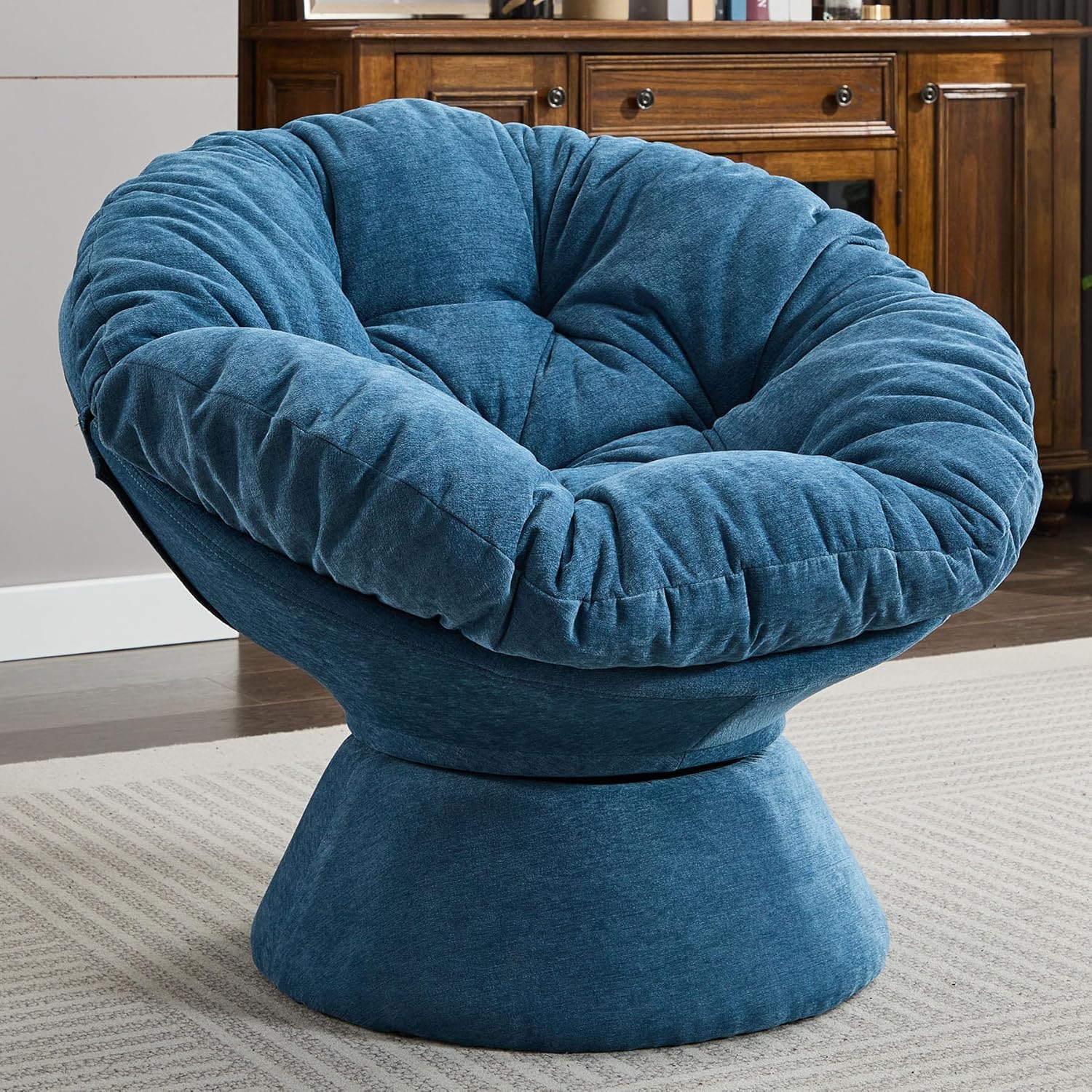 Modern Oversized Chenille Papasan Chair, 360° Swivel Chair with Thick Cushion, Comfortable Lounge Accent Chair for Living Room, Bedroom, Reading Nook (Light Blue)