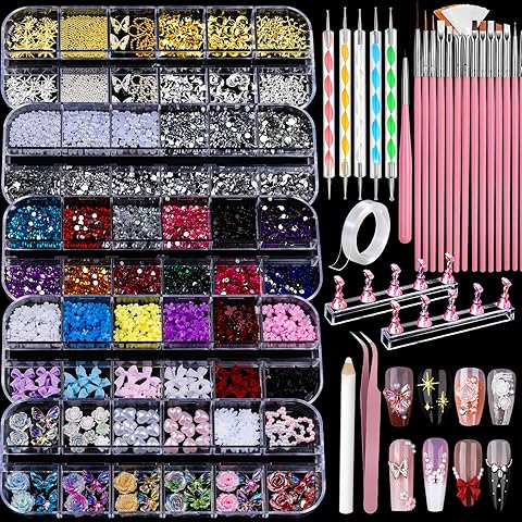 Teenitor Nail Art Tools with Nail Charms and Nail Art Brushes Set, Nail Kit with 5 Boxes of 3D Nail Charms and Gems Rhinestones, 15 Pcs Nail Brushes, 5 Pcs Nail Dotting Tools, 2 Set of Nail Stand