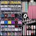 Teenitor Nail Charms and Nail Art Tools Set, Nail Art Kit with 5 Boxes of 3D Nail Charms and Gems Rhinestones, 15 Pcs Nail Art Brushes, 5 Pcs Nail Dotting Tools, 2 Set of Nail Stand