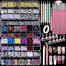 Teenitor Nail Charms and Nail Art Tools Set, Nail Art Kit with 5 Boxes of 3D Nail Charms and Gems Rhinestones, 15 Pcs Nail Art Brushes, 5 Pcs Nail Dotting Tools, 2 Set of Nail Stand