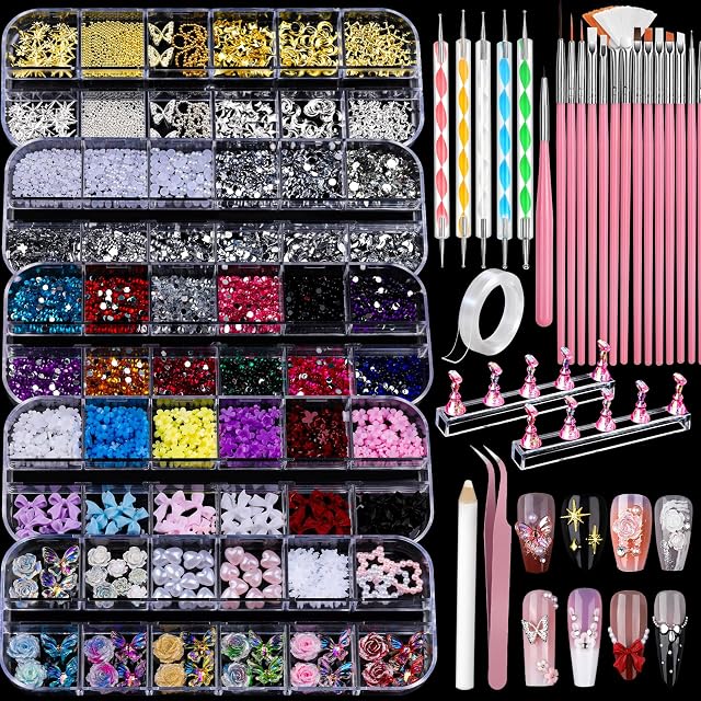 Teenitor Nail Charms and Nail Art Tools Set Nail Art Kit with 5 Boxes of 3D Nail Charms