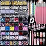Teenitor Nail Charms and Nail Art Tools Set, Nail Art Kit with 5 Boxes of 3D Nail Charms and Gems Rhinestones, 15 Pcs Nail Art Brushes, 5 Pcs Nail Dotting Tools, 2 Set of Nail Stand