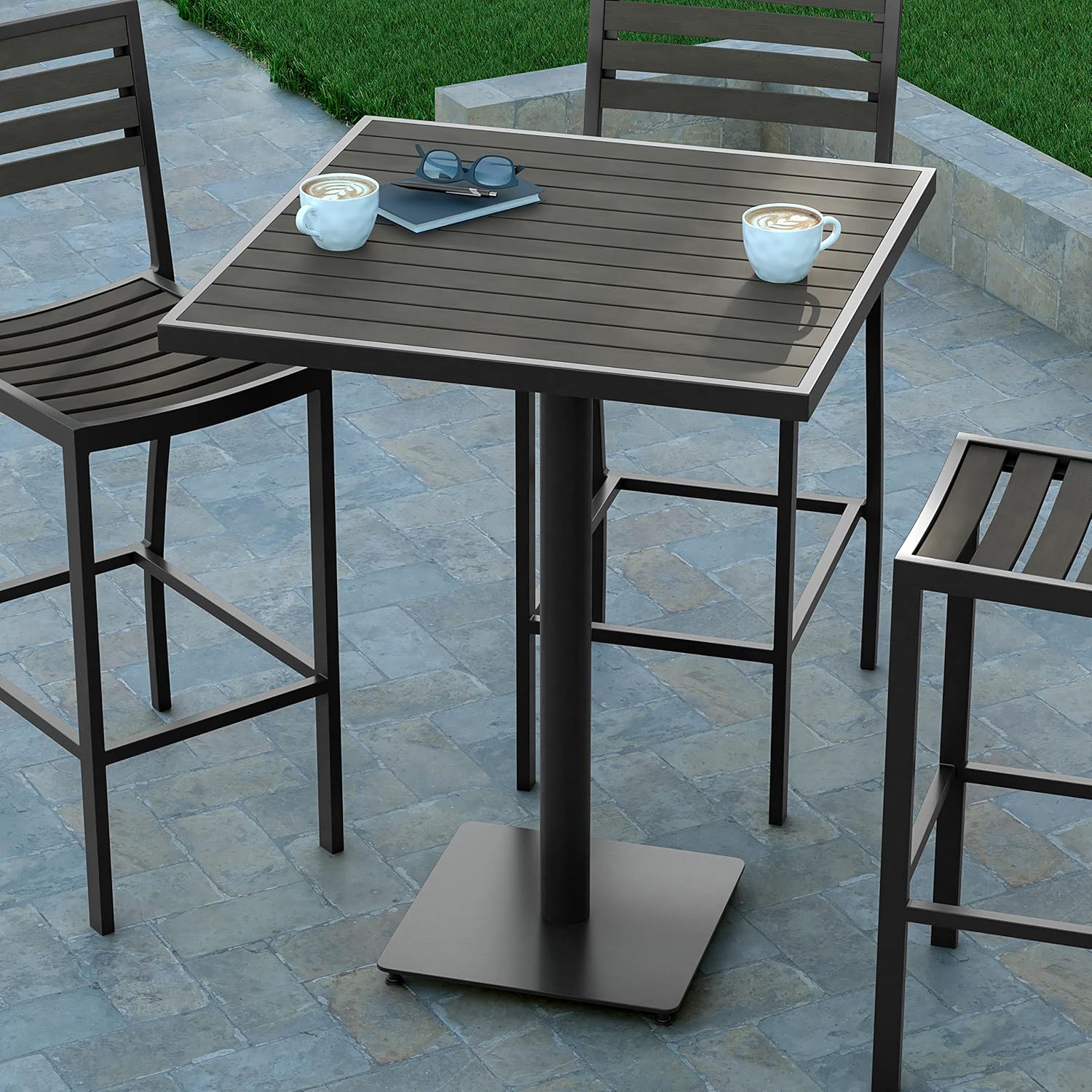EMMA + OLIVER Livia Bar Height Outdoor Dining Table - Weather Resistant Outdoor Table with Faux Teak Poly Slat Top - 32" Square - Gray Wash
