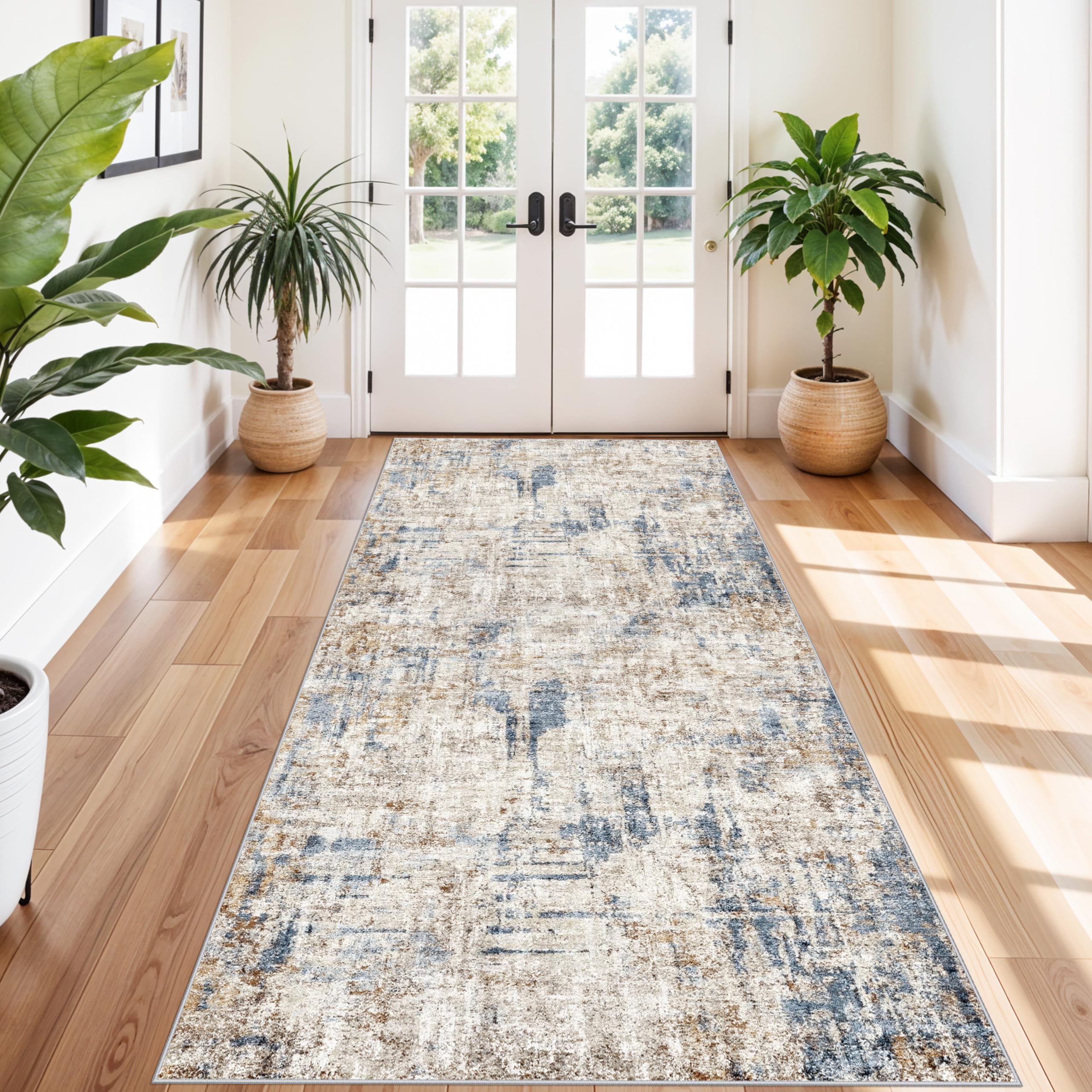 4x12 Wide Hallway Runner Rug – Non-Slip Washable Rubber-Backed Large Carpet Runner for Kitchen, Entryway, Bathroom, Modern Abstract Low-Pile Thin Floor Mat for Living Room, Dining Room (Blue/Brown) — image 1