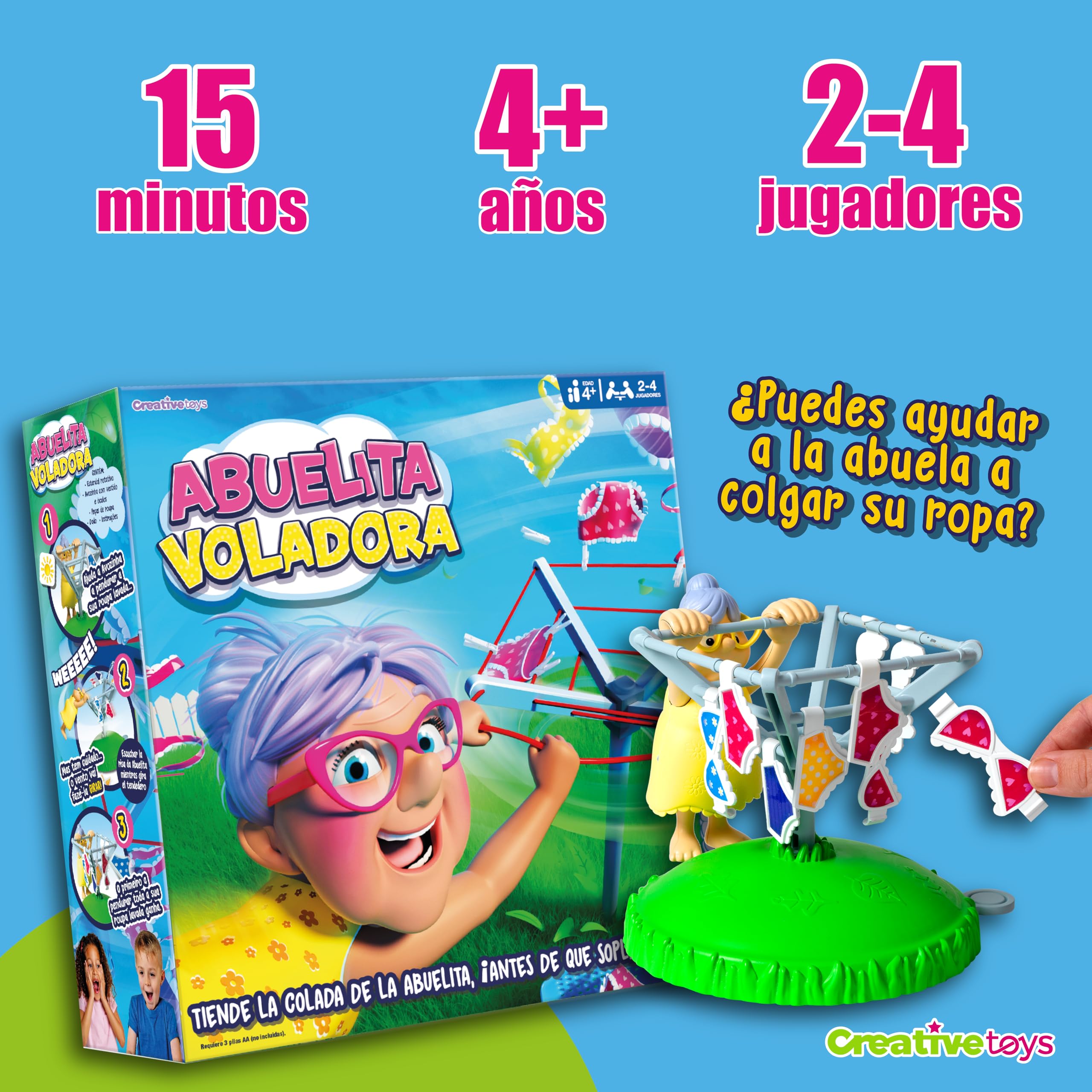 Creative Toys Abuelita Voladora Juego de Mesa Familiar | Set de Habilidad y Reflejos con Tendedero Giratorio | Actividad Creativa con Dado para Fiestas en Casa | 2 a 4 Jugadores