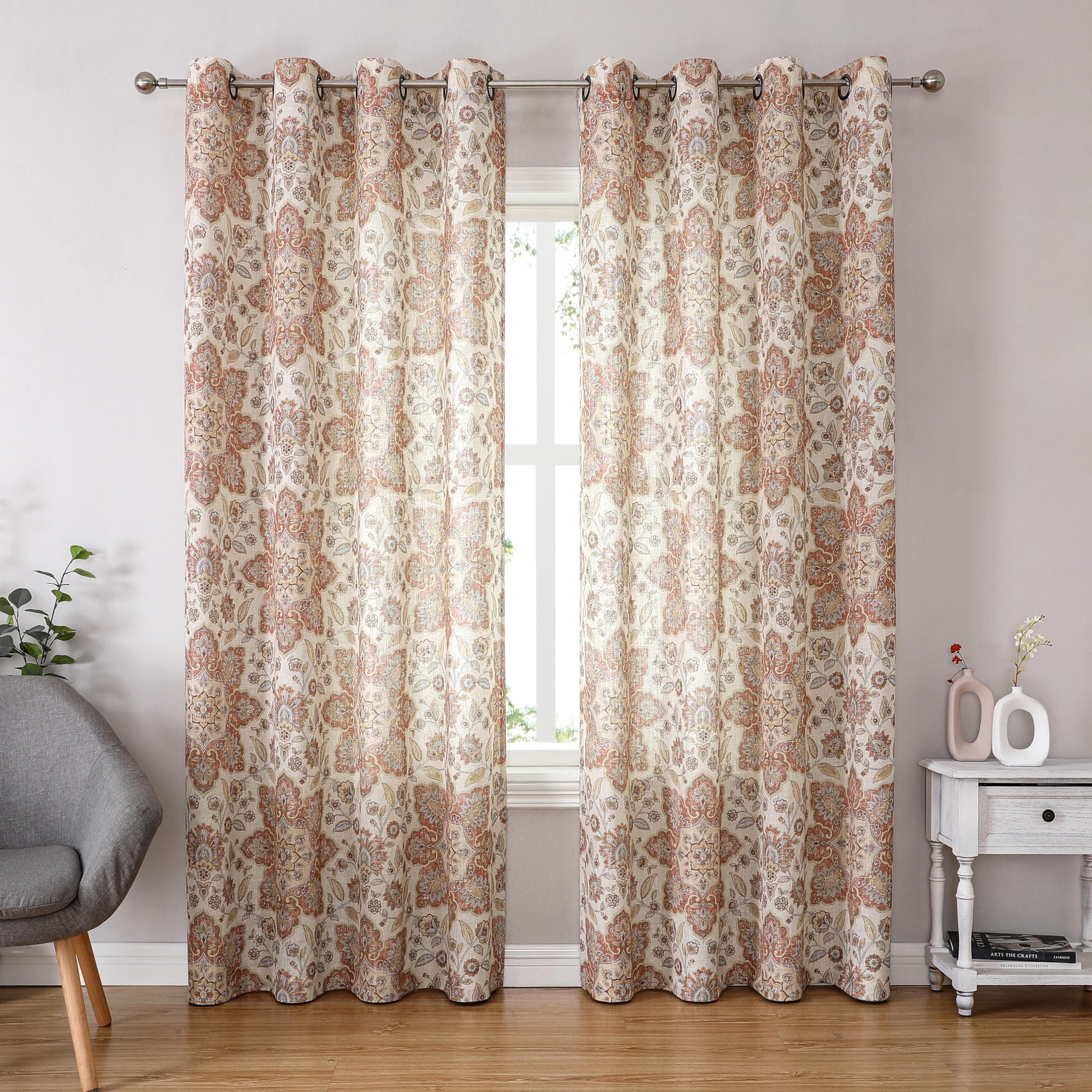 CENTRAL PARK Kwiatowy medalion vintage nadruk zasłona panel len mieszany nadruk botaniczny draperia okienna z przelotką do sypialni, salonu, złoty/czerwony, 137 cm x 203 cm x 2 cm