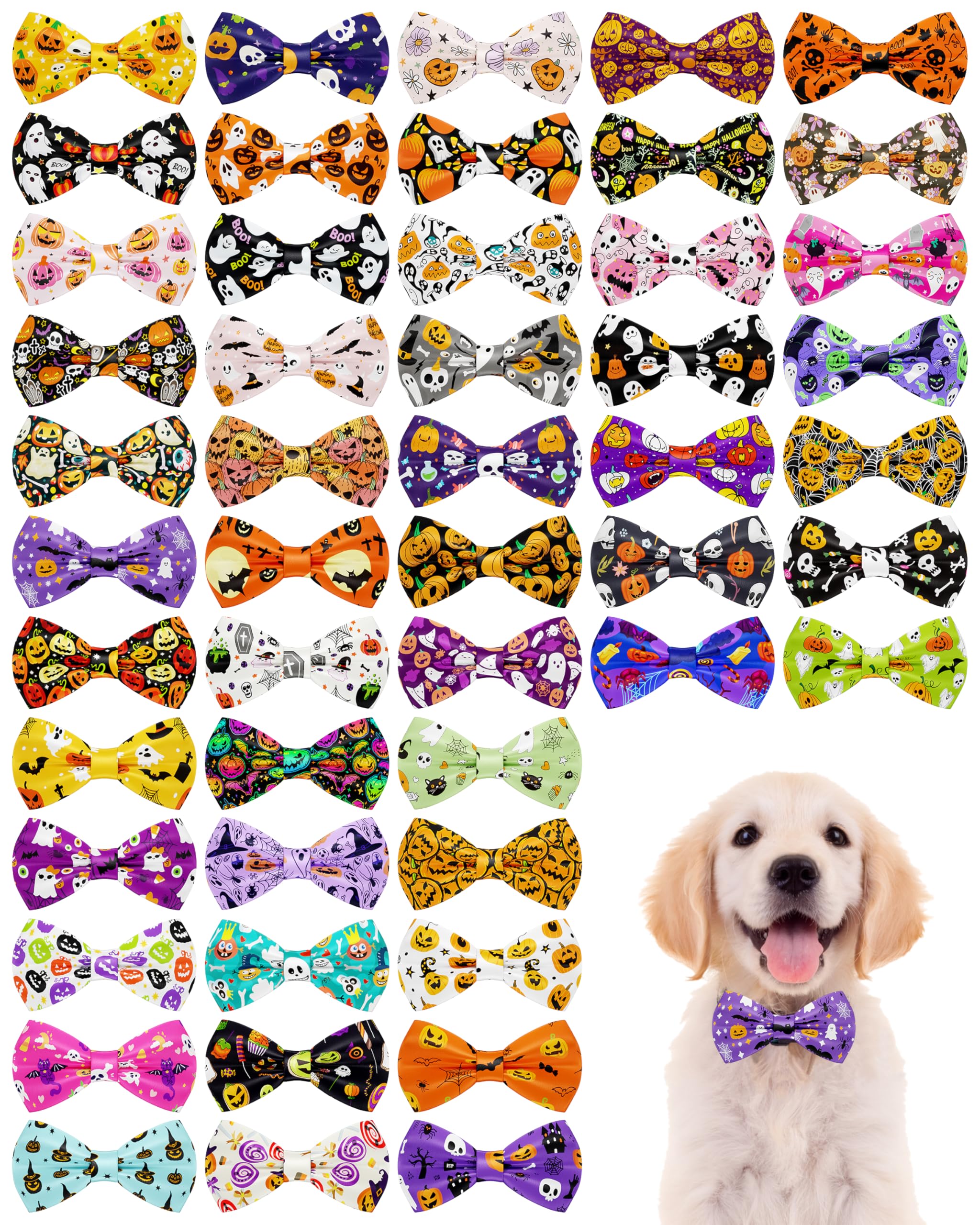 PET SHOW 50 Pack Halloween Small Dog Bow Ties Bulk Sliding Collar Attachments Puppy Cats Pumpkin Ghost Bowties for Medium Dogs Bowknots Holiday Party Pet Grooming Accessories, S/M