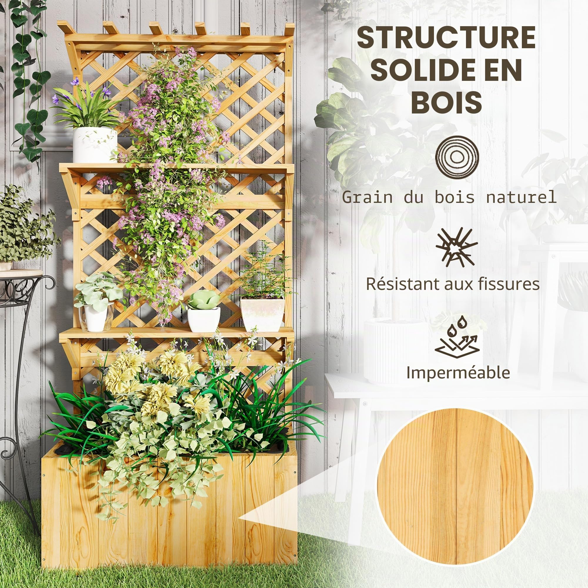 Outsunny Jardinière avec Treillis, Lit Surélevé sur Pied Bois Naturel | Jardin Potager, avec Étagères, Trous de Drainage, Doublure, Bac à Fleurs, Pot de Plantes, Balcon Terrasse Patio
