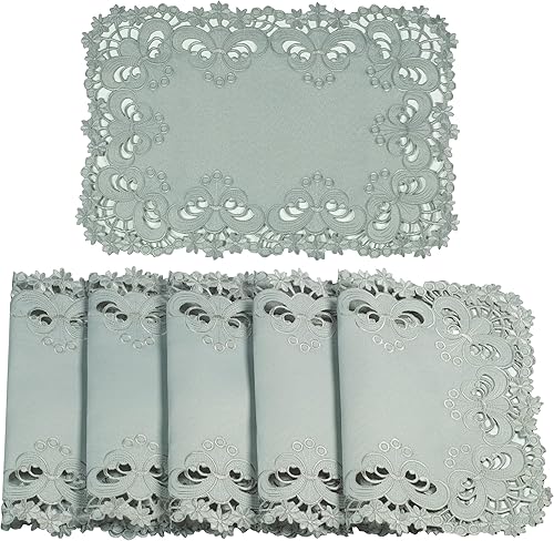 Miniatura 5 de Decozen Juego de 6 manteles individuales rectangulares de lino con encaje, bordado europeo para mesa de comedor, decoración del hogar, boda, 14 x 20