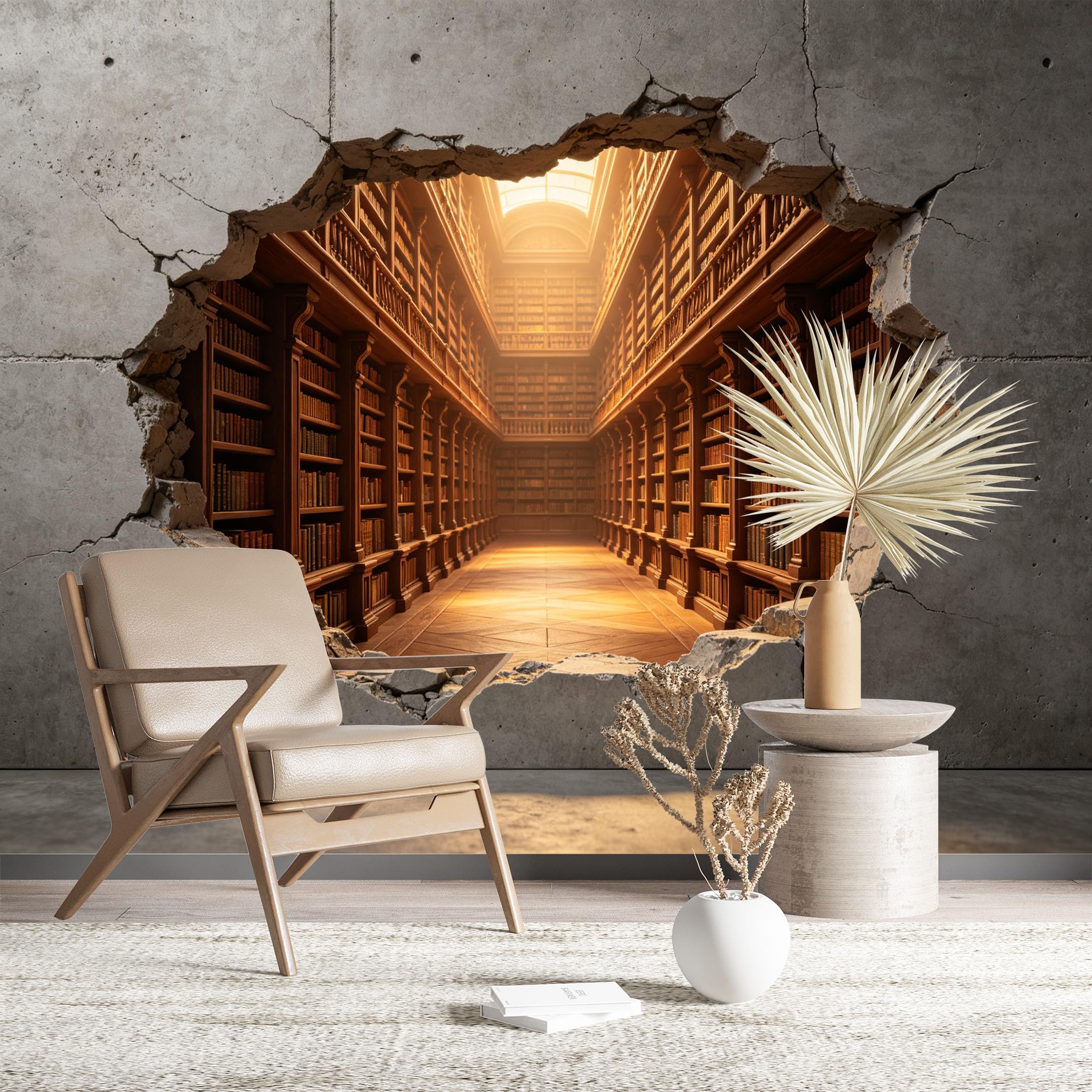 Custom Size Wall Murals Vintage Library Through Cracked Wall Wall Covering Fabric Self-Adhesive Wall Fabric (NO PVC) Removable Wallpaper for Living Room Study