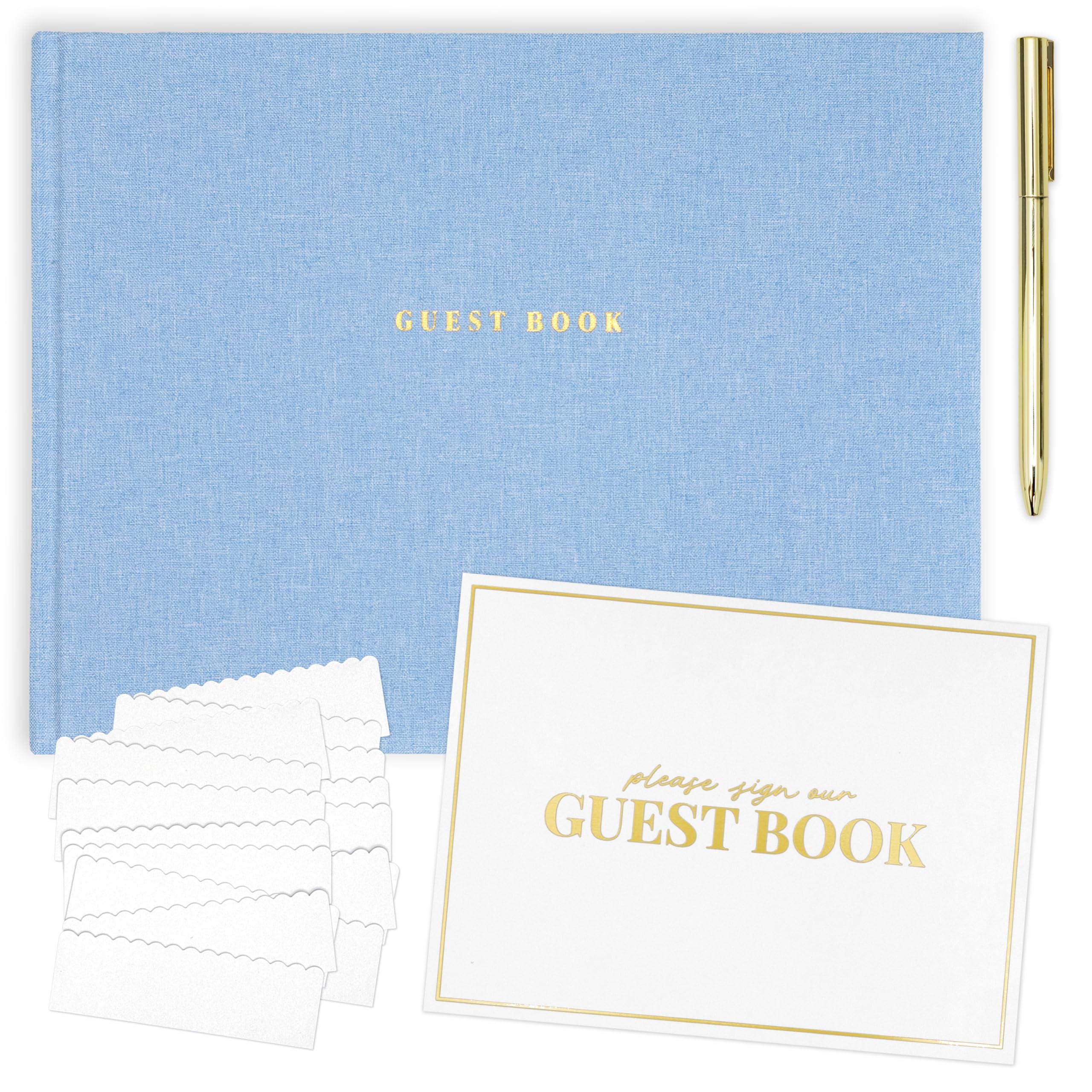 ELYN Linen Guest Book, Sign in Book for Wedding Reception, Birthday, Baby Shower & Events, Matching Gold Gel Pen, Photo Pockets & Table Sign, 80 Pages (Blank & Lined), Large, 11.5 in x 8.5 in (Blue)