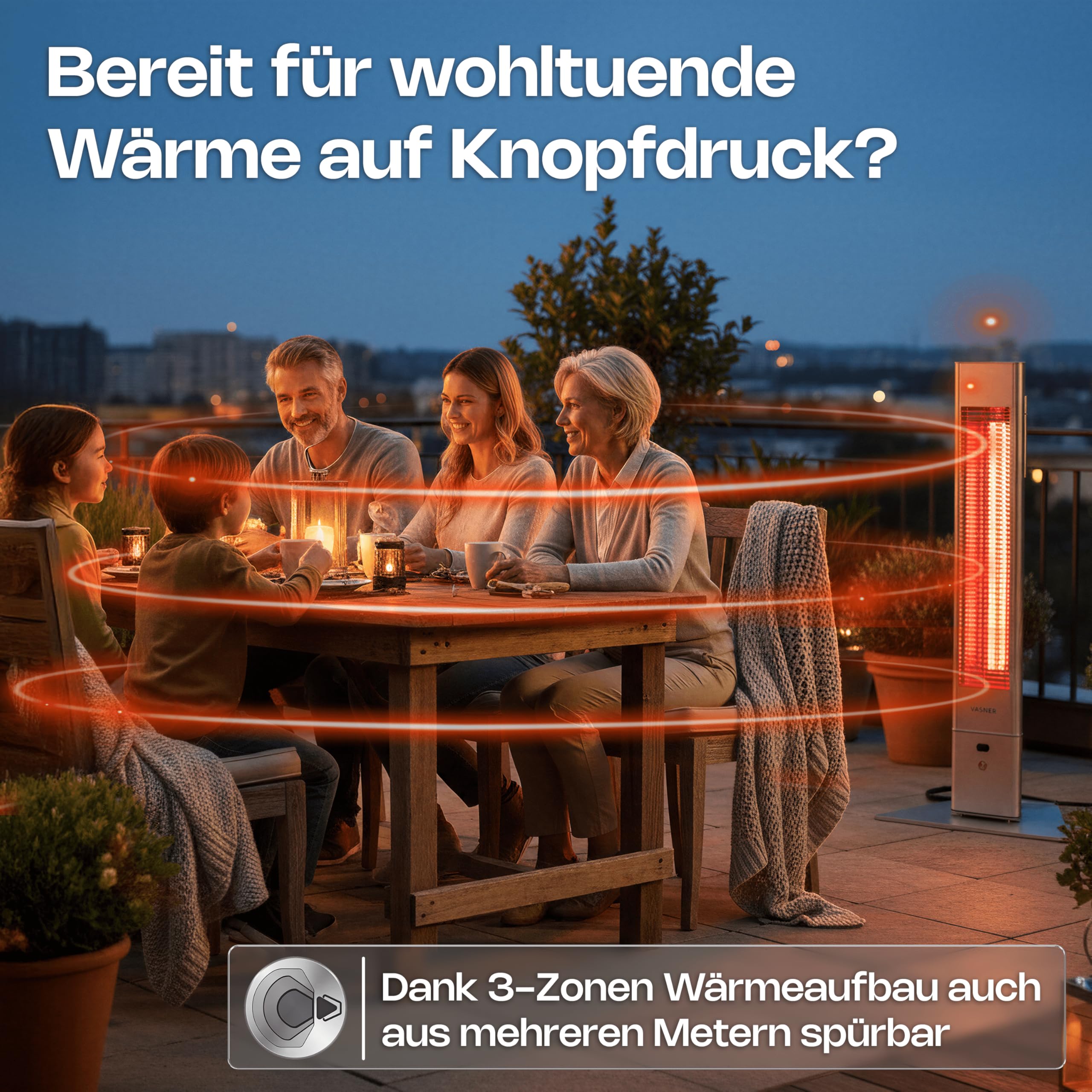 VASNER HeatTower Infrarot Heizstrahler Terrasse 2500 Watt 4 Heizstufen Standheizstrahler elektrisch mit Fernbedienung IP65 Schutz für Outdoor oder Bad