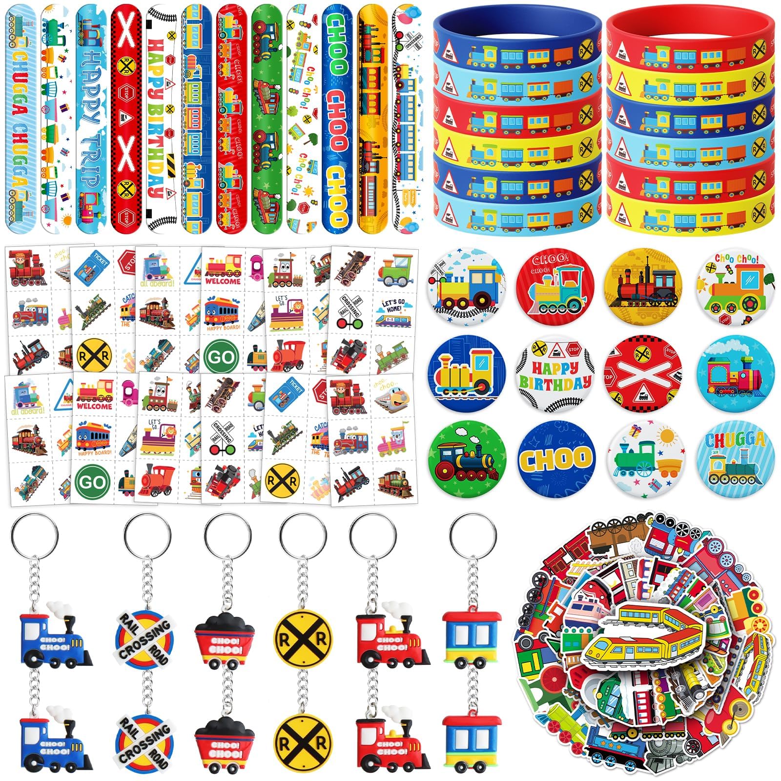 110Pcs Train Party Favors for Kids - Train Birthday Decorations and Supplies with Slap Bracelets, Tattoos, Stickers, Keychains & Buttons, Train Goodie
