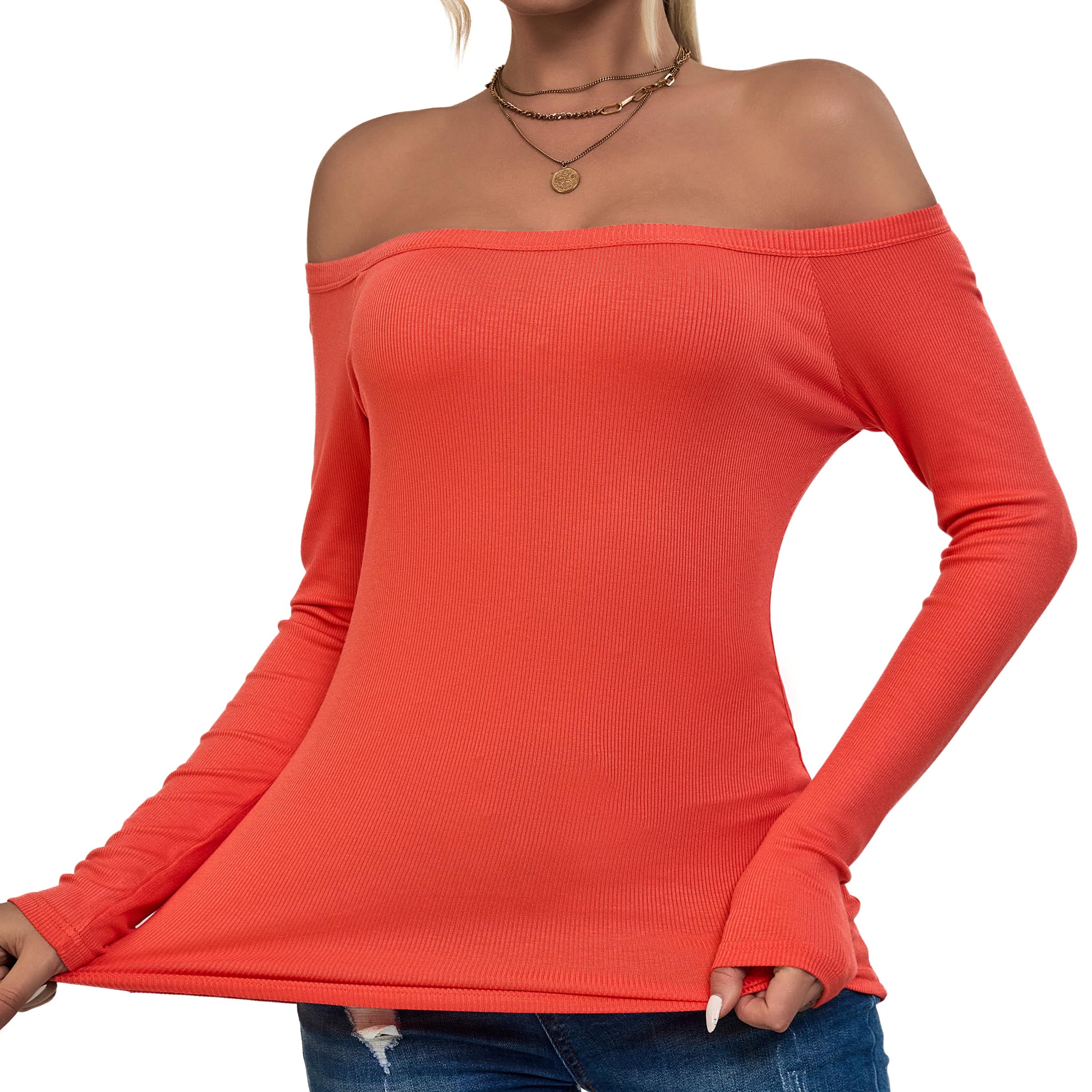 ACANI Long Sleeve T-Shirt Women Ribbed Scoop-Neck Shirts for Women Basic Trendy Lightweight Shirts for Women, Orange, M