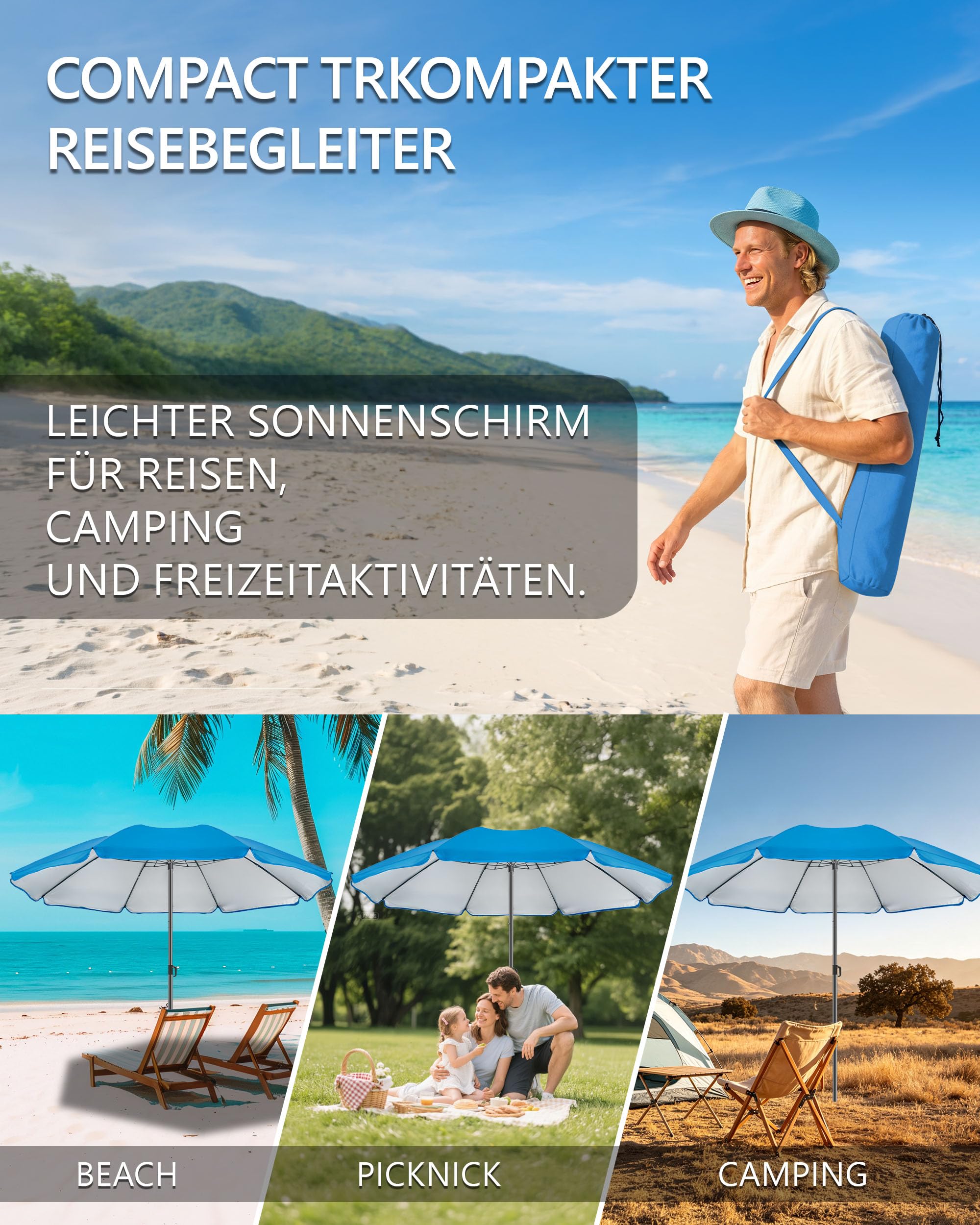 4smile Sonnenschirm Strand Ø 160 cm - UPF 50+ Praktischer Reise Sonnenschirm für Koffer - Funktioneller Strandschirm klein faltbar, kompakter Strandschirm koffertauglich