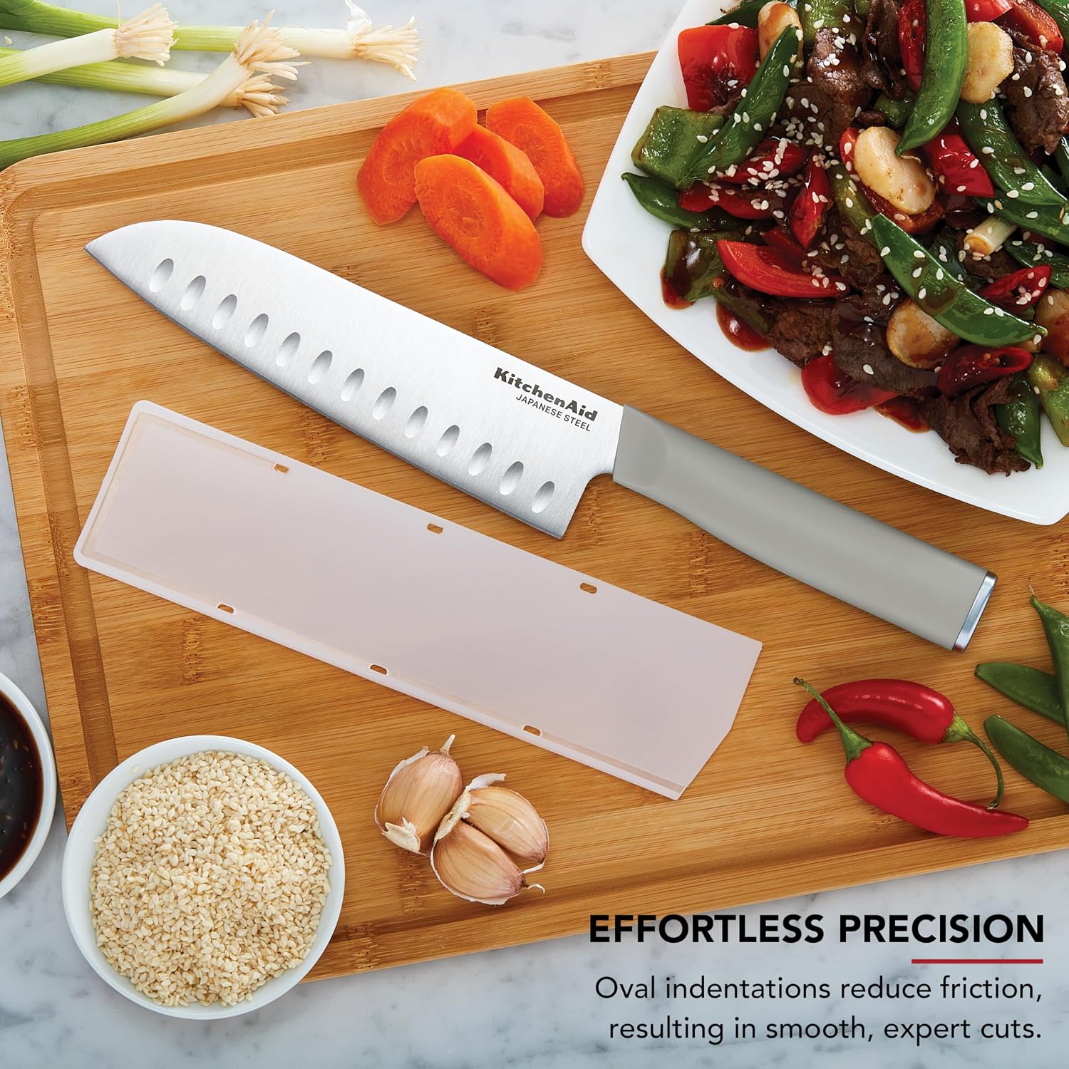KitchenAid Classic Santoku Knife with Custom-Fit Blade Cover, Sharp Kitchen Knife, Japanese Stainless Steel Blade, 7 Inch, Gray