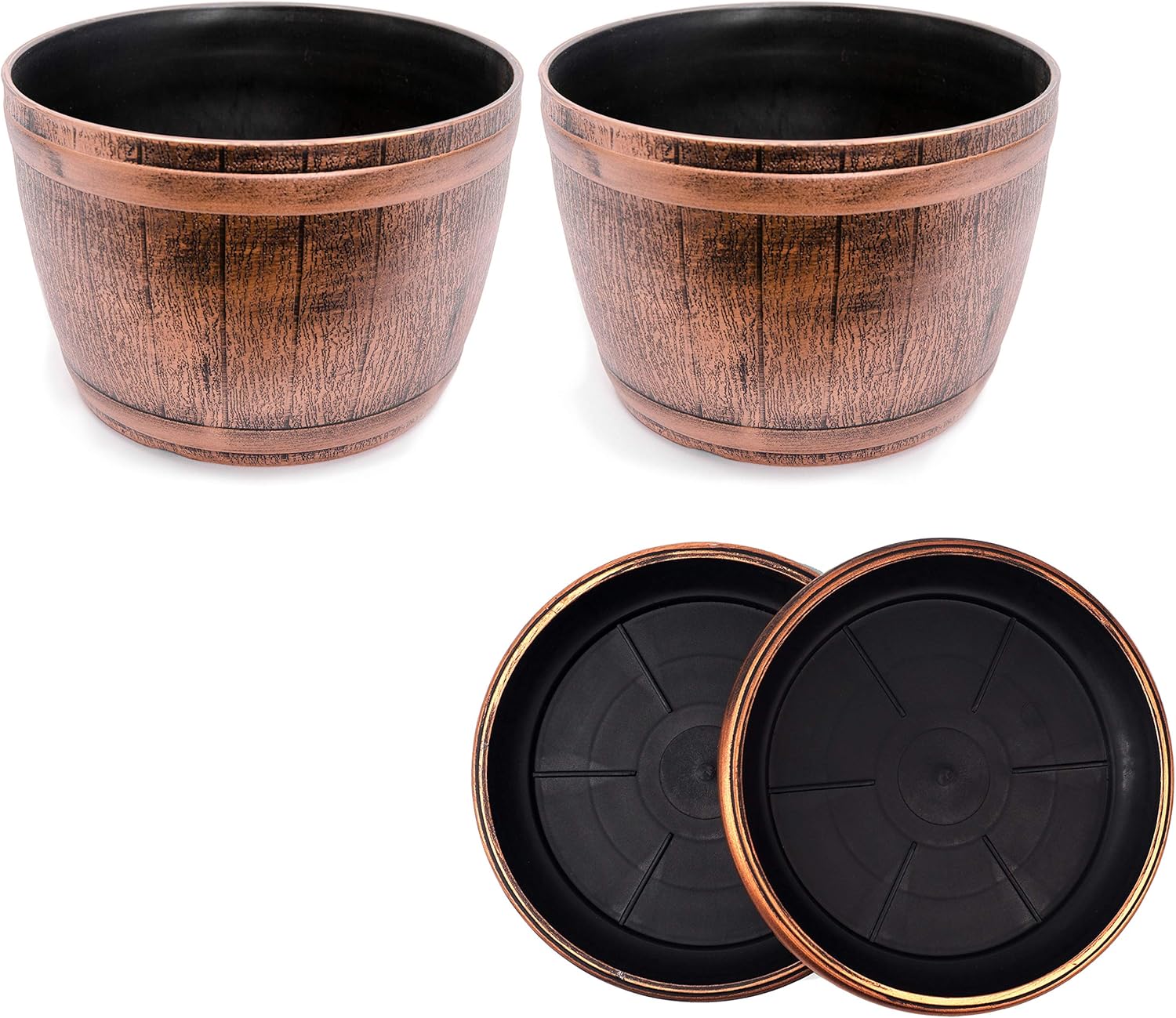 Set of 2 Plastic Fancy Whiskey Barrel (2 planters + 2 Matching Saucers) Victorian Rustic Look Flowerpot for Indoor Outdoor Garden Patio Office Home Decor Use Lightweight Heavy Duty (Copper-W)