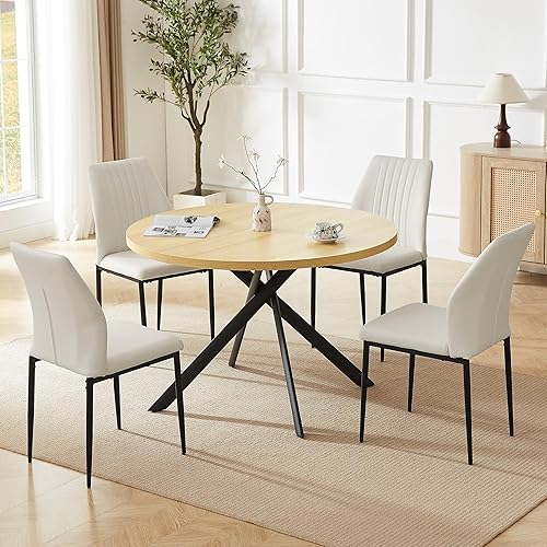 Miniatura 9 de Juego de mesa de comedor redonda de 45.3 pulgadas para 4, juego de café pequeño moderno de mediados de siglo para comedor, cocina, apartamento (mesa