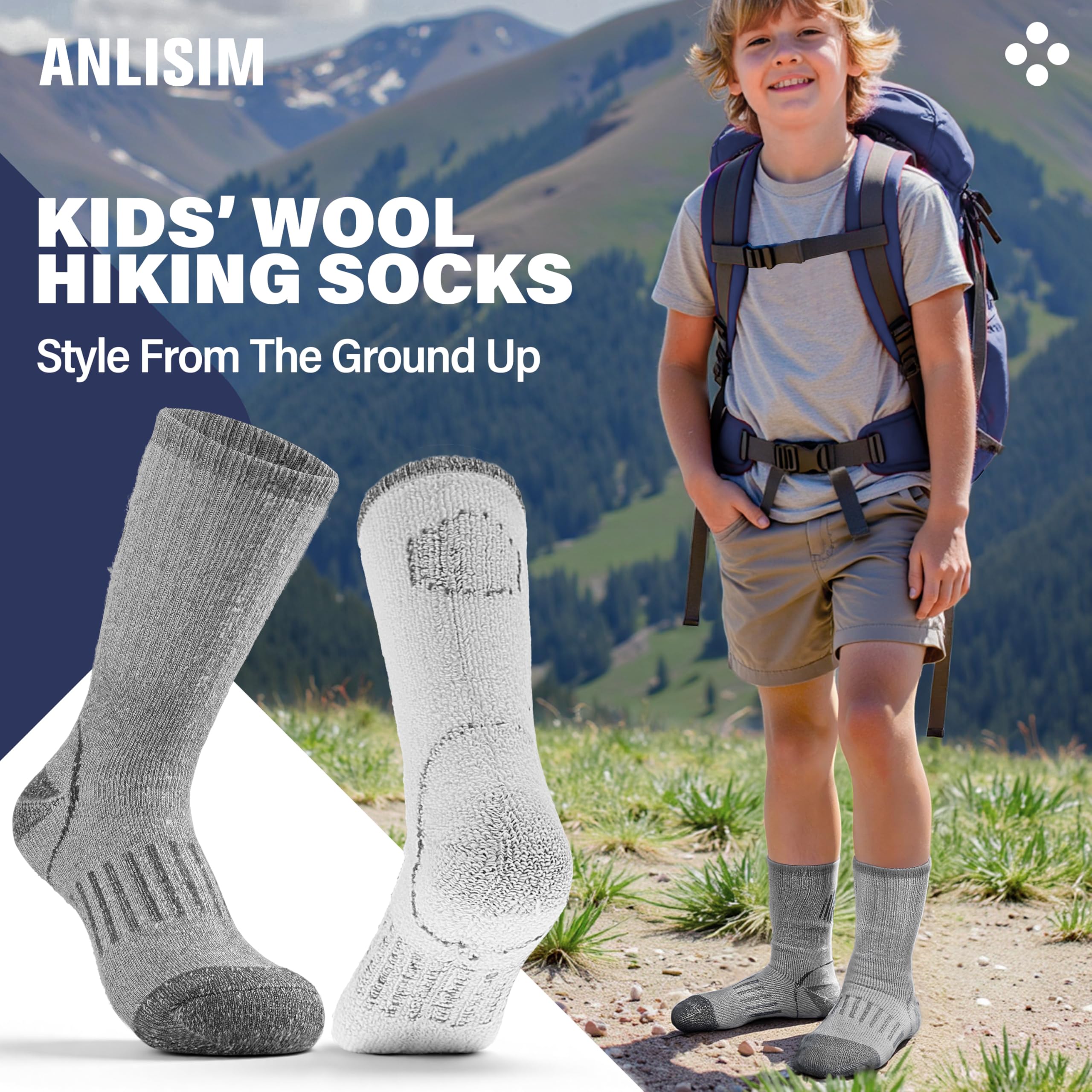 Anlisim Merino Wandersocken für Kinder Mädchen Jungen Wolle Socken Dicke Thermosocken Warme Sportsocken Trekking Wintersocken Weihnachtssocken Geschenke Kindersocken 4 Paare(Grau,12-15 Jahre)
