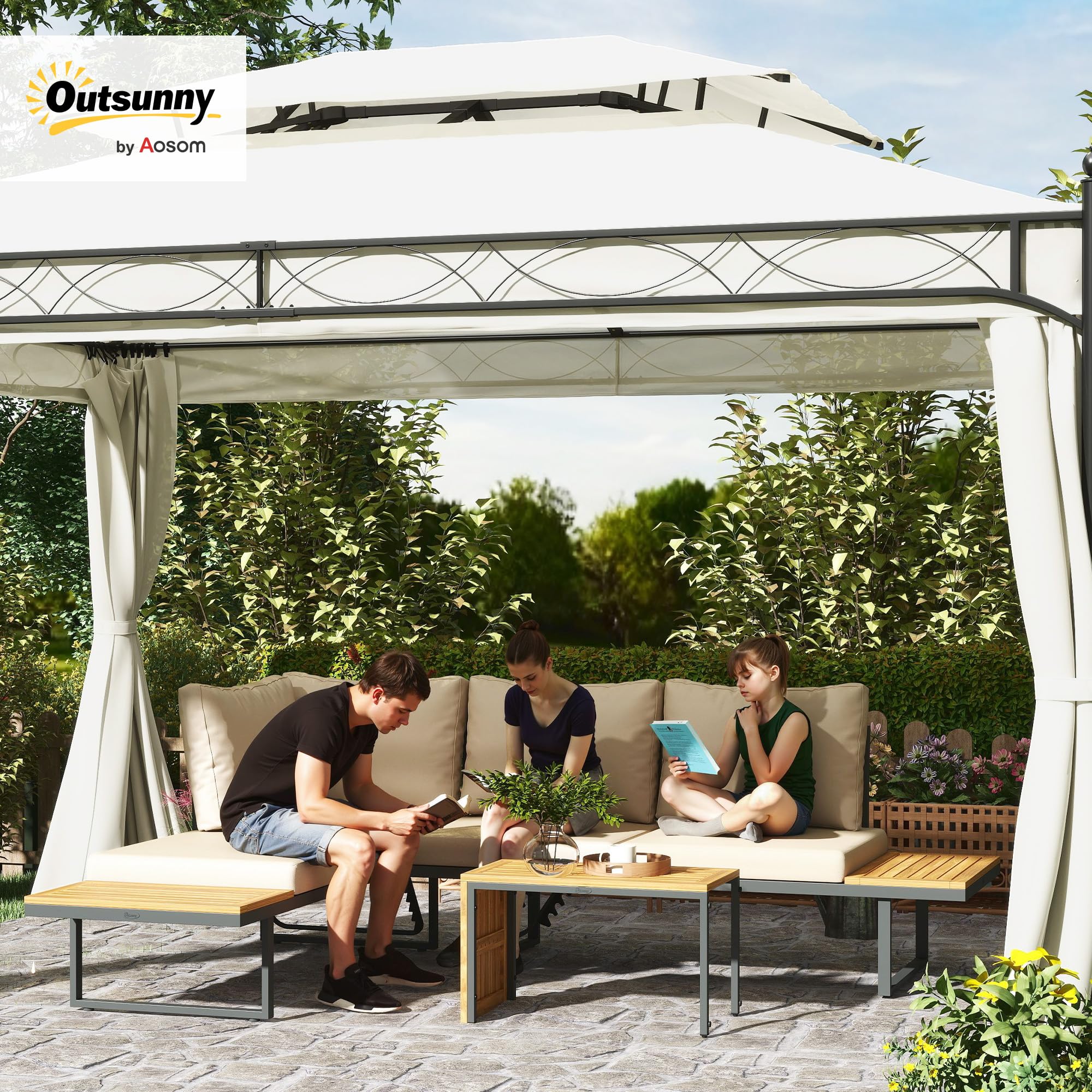 Outsunny Conjunto de Muebles Jardín Exterior Sofás de Exterior en Forma de L Tumbona con 2 Sofás de 3 Plazas Asiento Ajustable y Mesa de Madera de Acacia Versátil con Cojines Beige y Gris