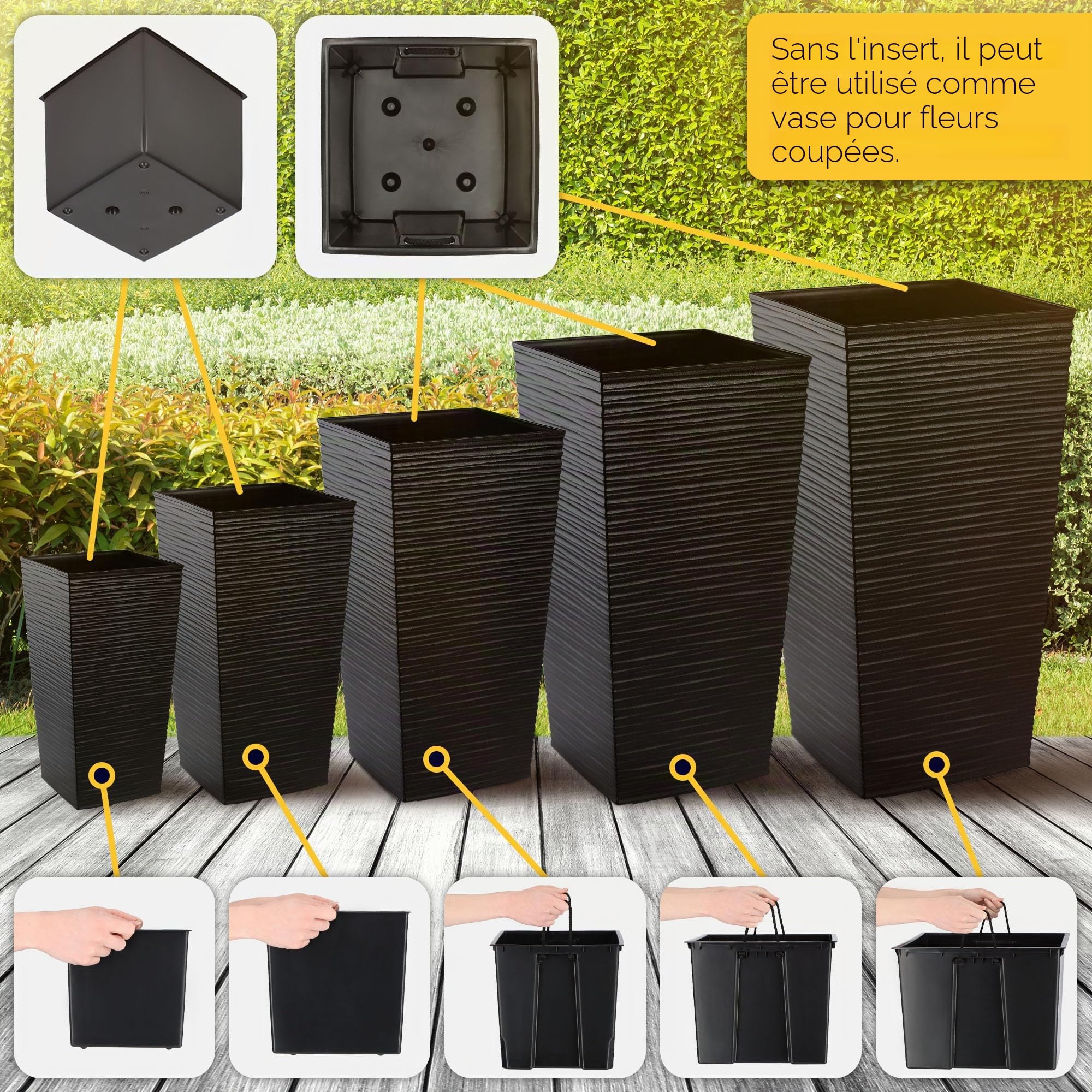 KADAX Lot de 3 Set de 3 Pots de Fleurs Hauts – H 46,5/57,5/68 cm – Noir – intérieur/extérieur – pour Balcon, Jardin ou Salon