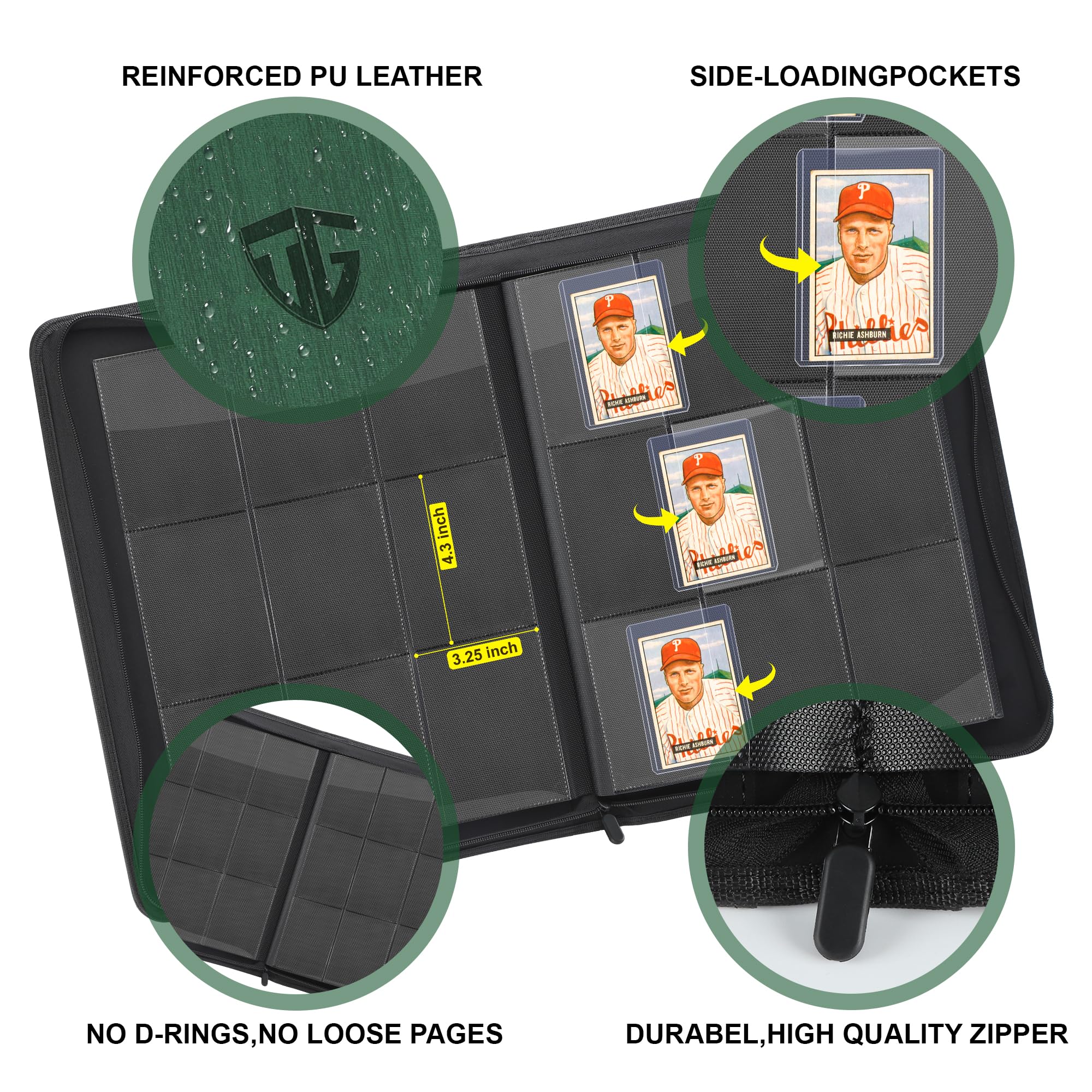 TCGUARD Toploader - Album di carte da collezione per 216 Toploader, 9 scomparti con custodia per scheda Rigid Toploader da 3" x 4", per TCG, carte MTG, album di carte collezionabili (verde scuro)