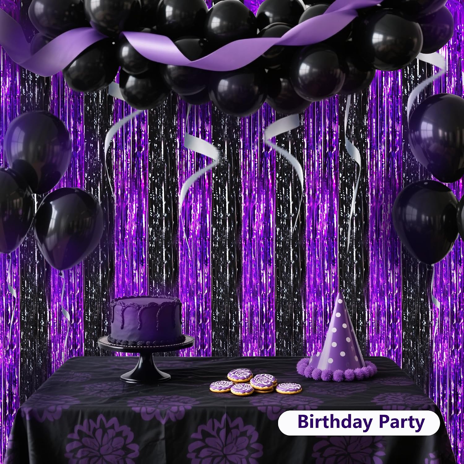 BEISHIDA Black Purple Door Streamers Backdrop Foil Fringe Tinsel Party Streamers Curtains Photo Backdrop - 2Pcs for Birthday Graduation Halloween Party Decoations