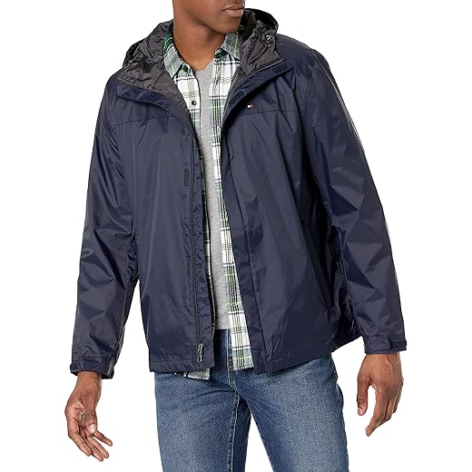 Tommy Hilfiger mens Lightweight Breathable Waterproof Hooded Jacket Raincoat, Navy, Large US