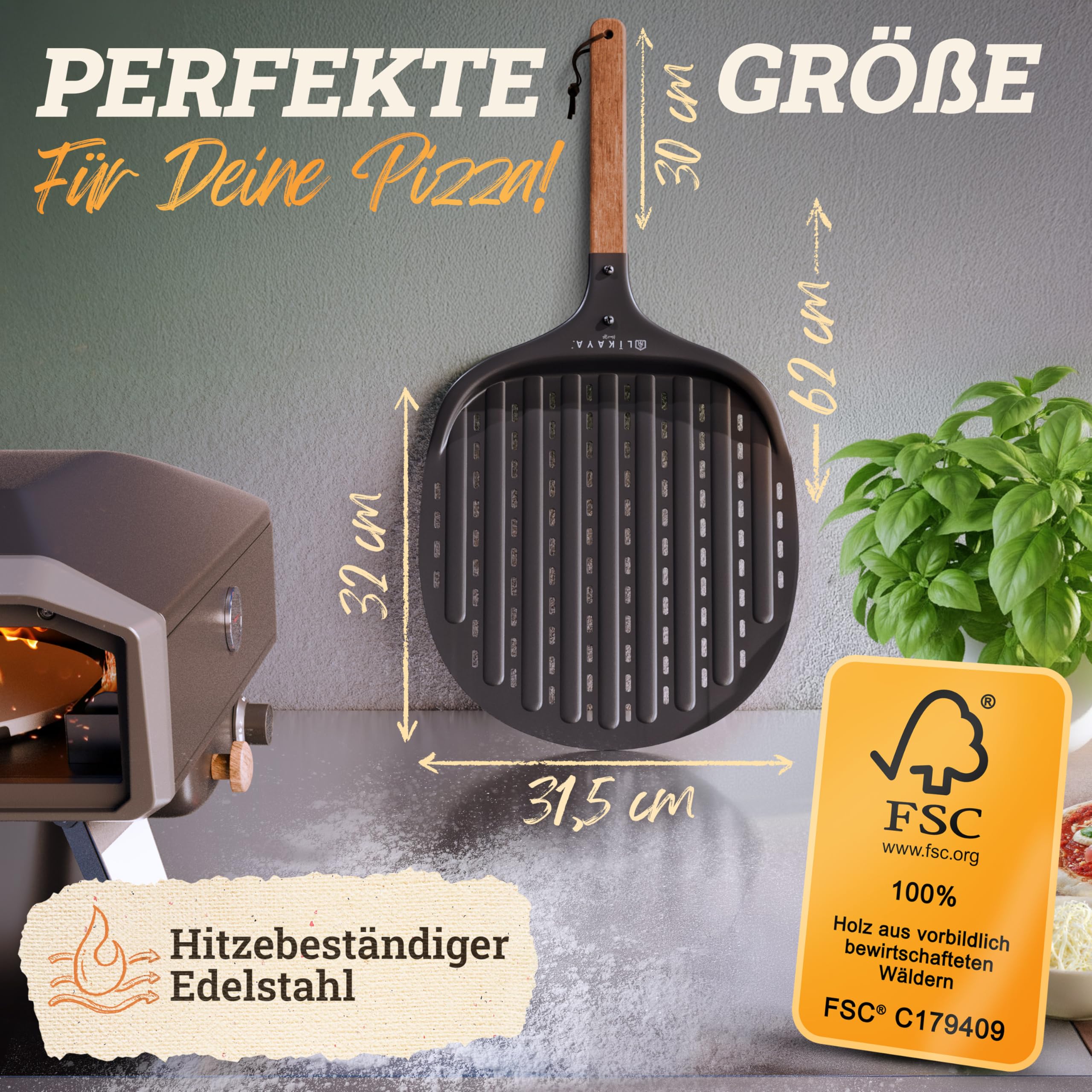 LIKAYA Pizzaschieber [32 x 32 x 62cm] Pizzaschaufel aus schwarzem Aluminium & Griff aus FSC-Akazienholz – Kein Ankleben dank Antihaftbeschichtung – für Pizzaofen & Pizzastein