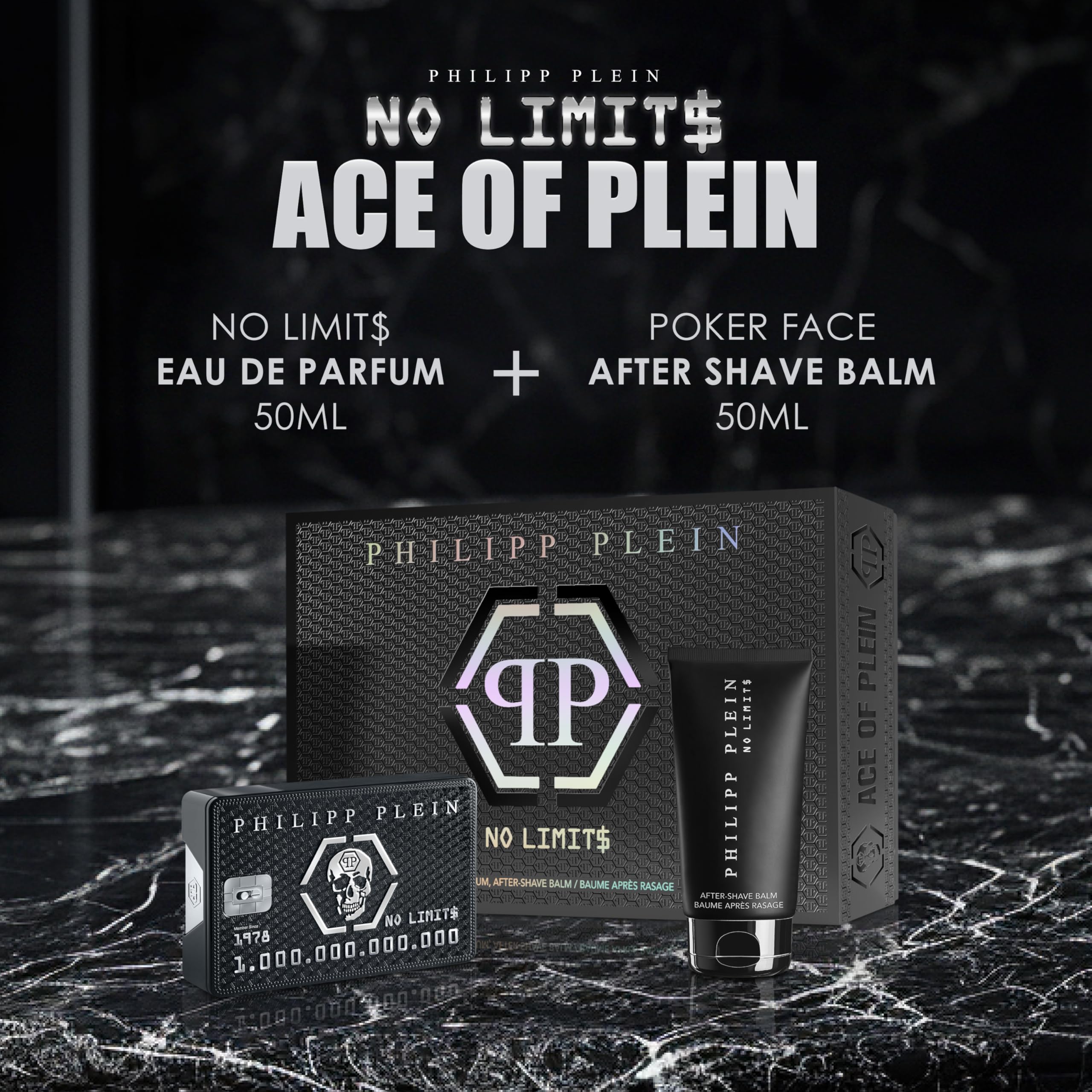 Philipp Plein – Ace of Plein Set de Regalo para Hombres con Eau de Parfum No Limits 50 ml y After Shave 50 ml – Perfume y Loción After Shave para Hombres – Notas Orientales y Amaderadas