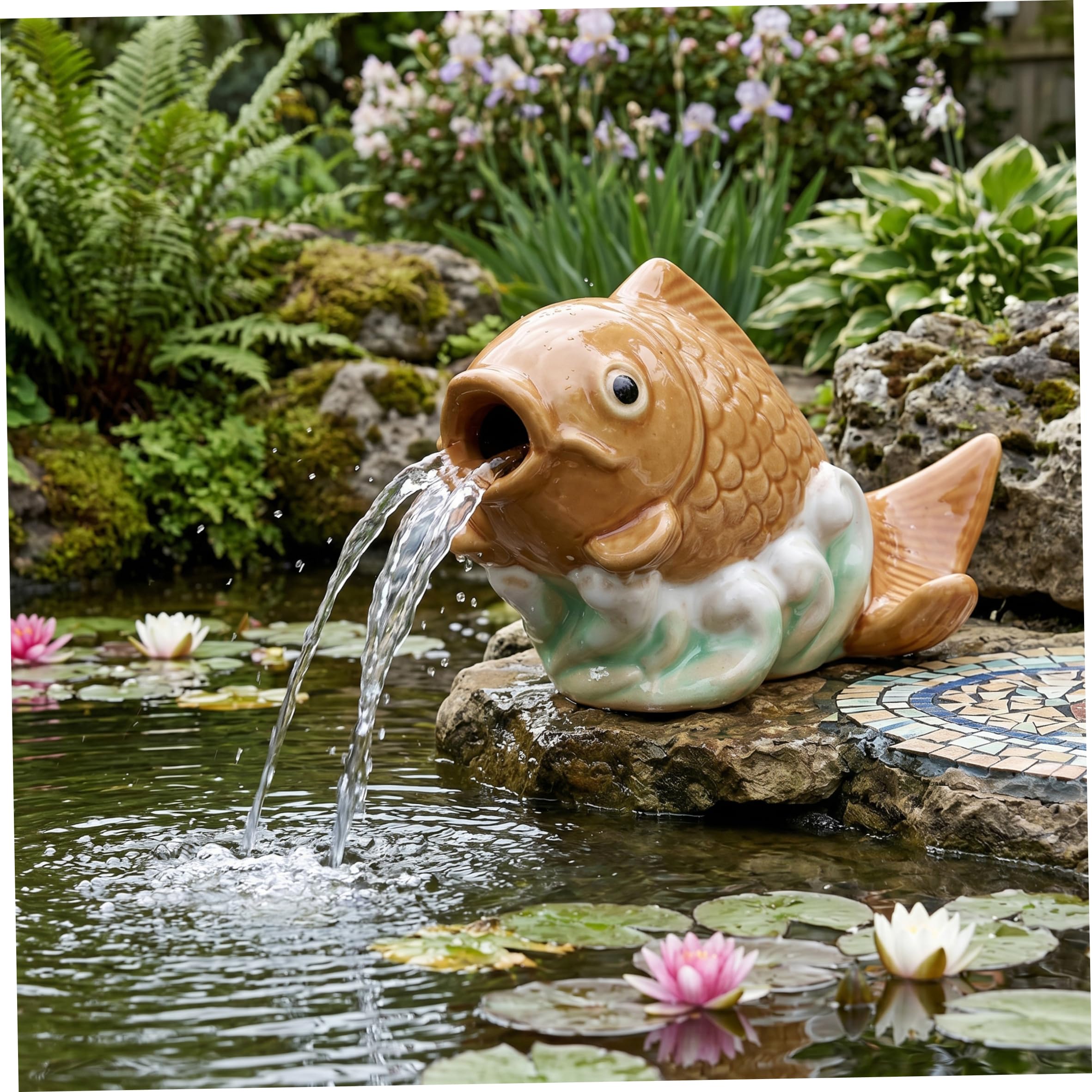 Cracheur d'étang à Poissons Koi en céramique - Bec de Fontaine d'eau réaliste pour Petits étangs, Jardins et piscines Style 1