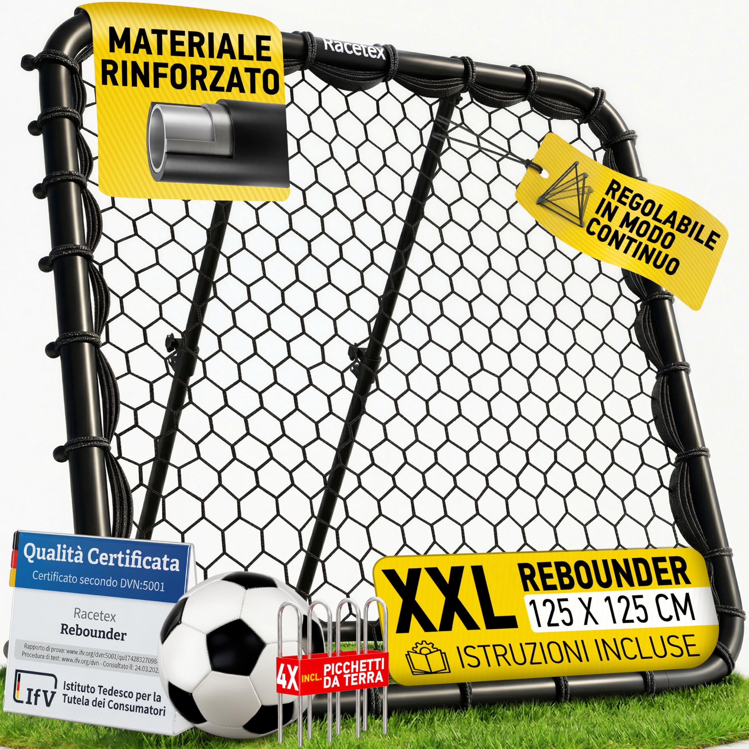 Racetex Rimbalzo per calcio XXL [125 cm x 125 cm) – Rimbalzo da calcio con struttura robusta e angolo regolabile – Calcio rimbalzo per allenamento di tiro, passaporto e balla