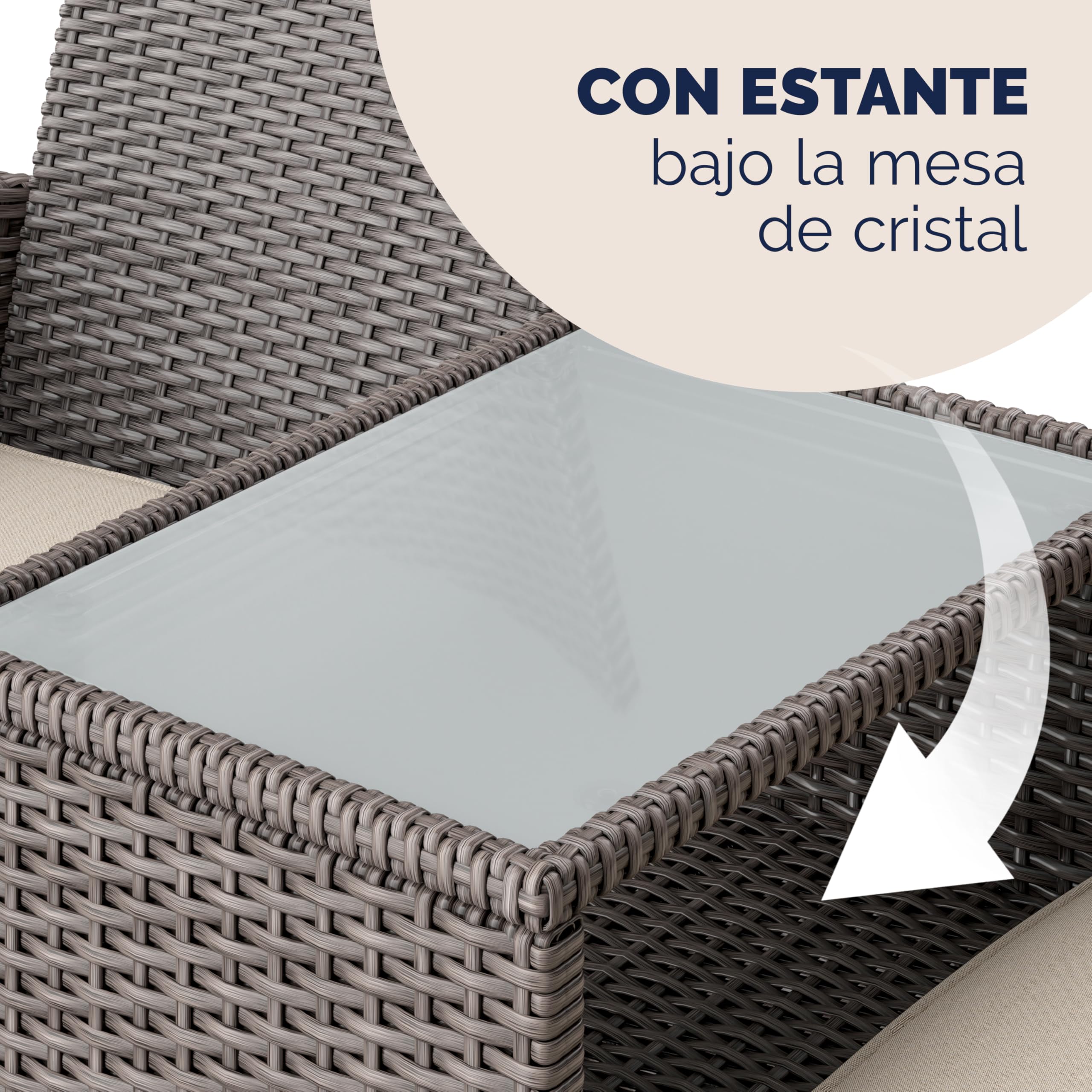 CASARIA® Banco Terraza Exterior 2 Asientos Poliratán hasta 320Kg Mesa Cristal con Cojines Estante Resistente Intemperie 145x58cm Crema